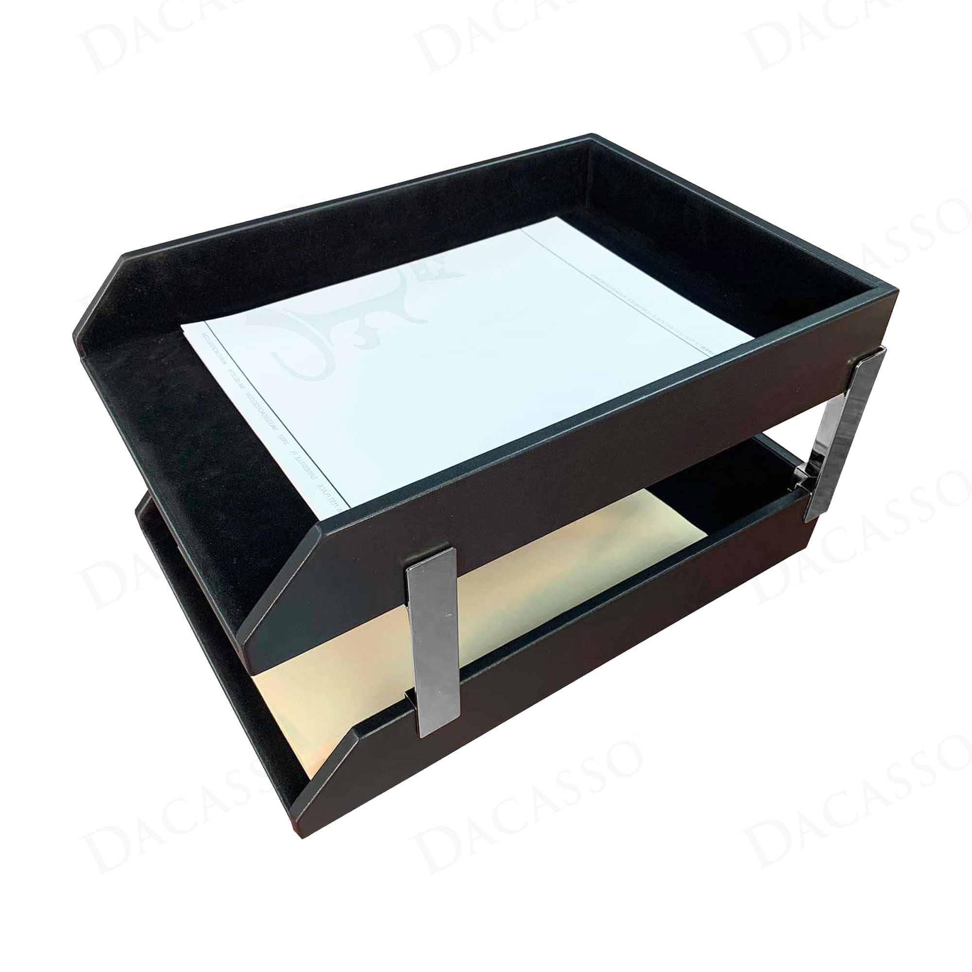 DACASSO Classic Black Leather Double Legal Letter Tray Stacking Set w/Silver Posts - Luxury Executive Decor and Office Essential - Desk Surface Protector