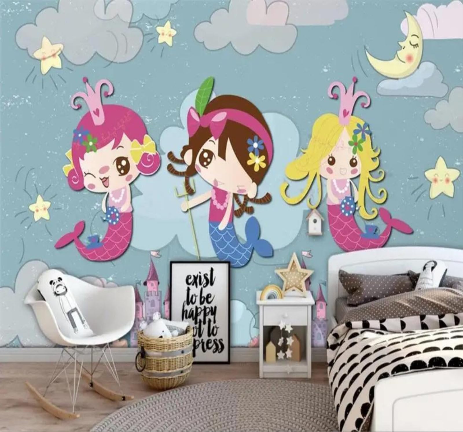 Tzxztt 250Cm×170Cm(B×H) Cartoon Fantasy Mermaid Castle Moon Modern 3D Wallpaper Premium Textured Silk Neutral Tones Material Ideal For Living Room Bedroom-250Cm×170Cm