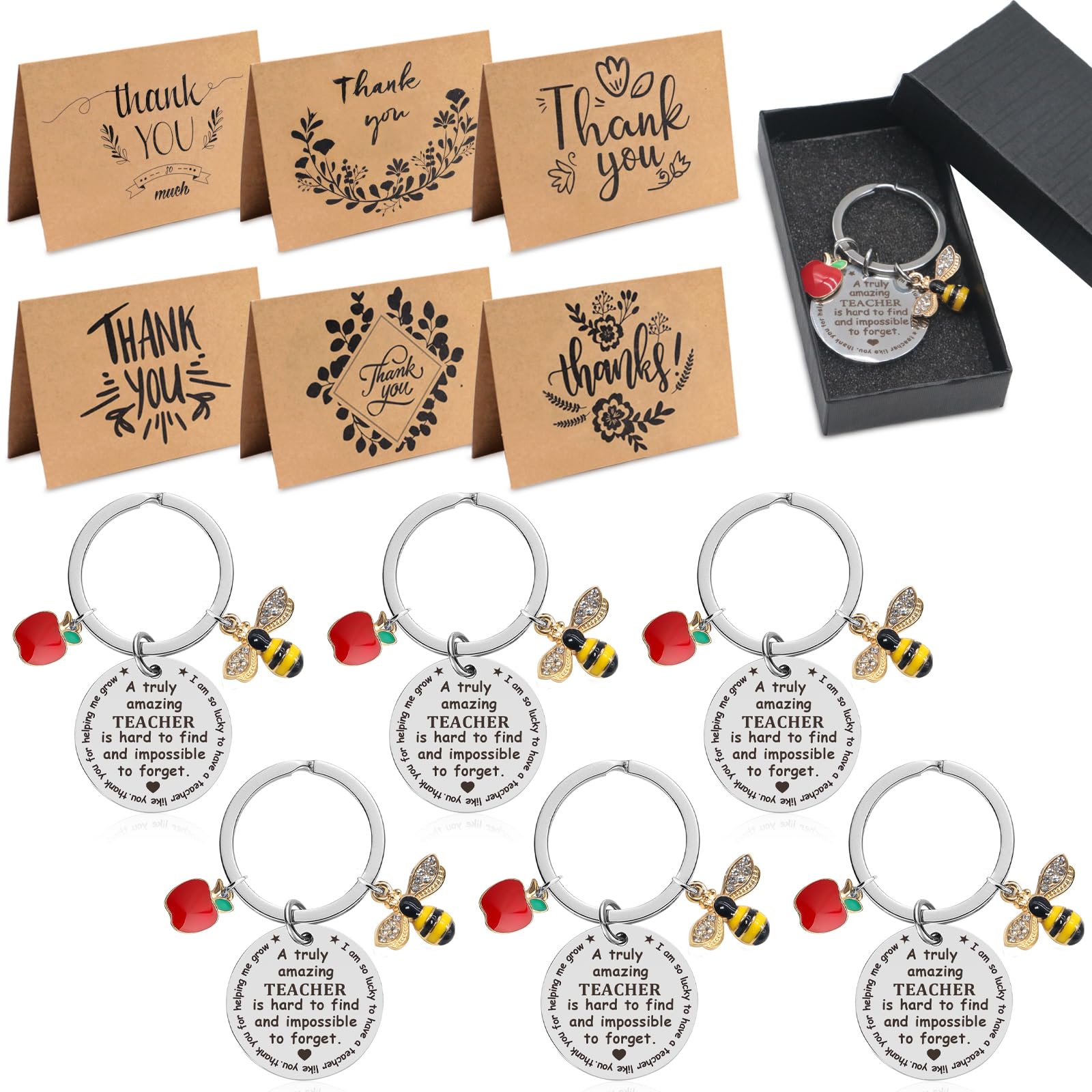 Thank You Gift for Teacher 6 Pack Thank You Teacher Gifts Appreciation Gift Brown-Paper Thank You Cards with Envelopes Stainless Inspirational Keychain for Thanksgiving Christmas Graduation Gifts