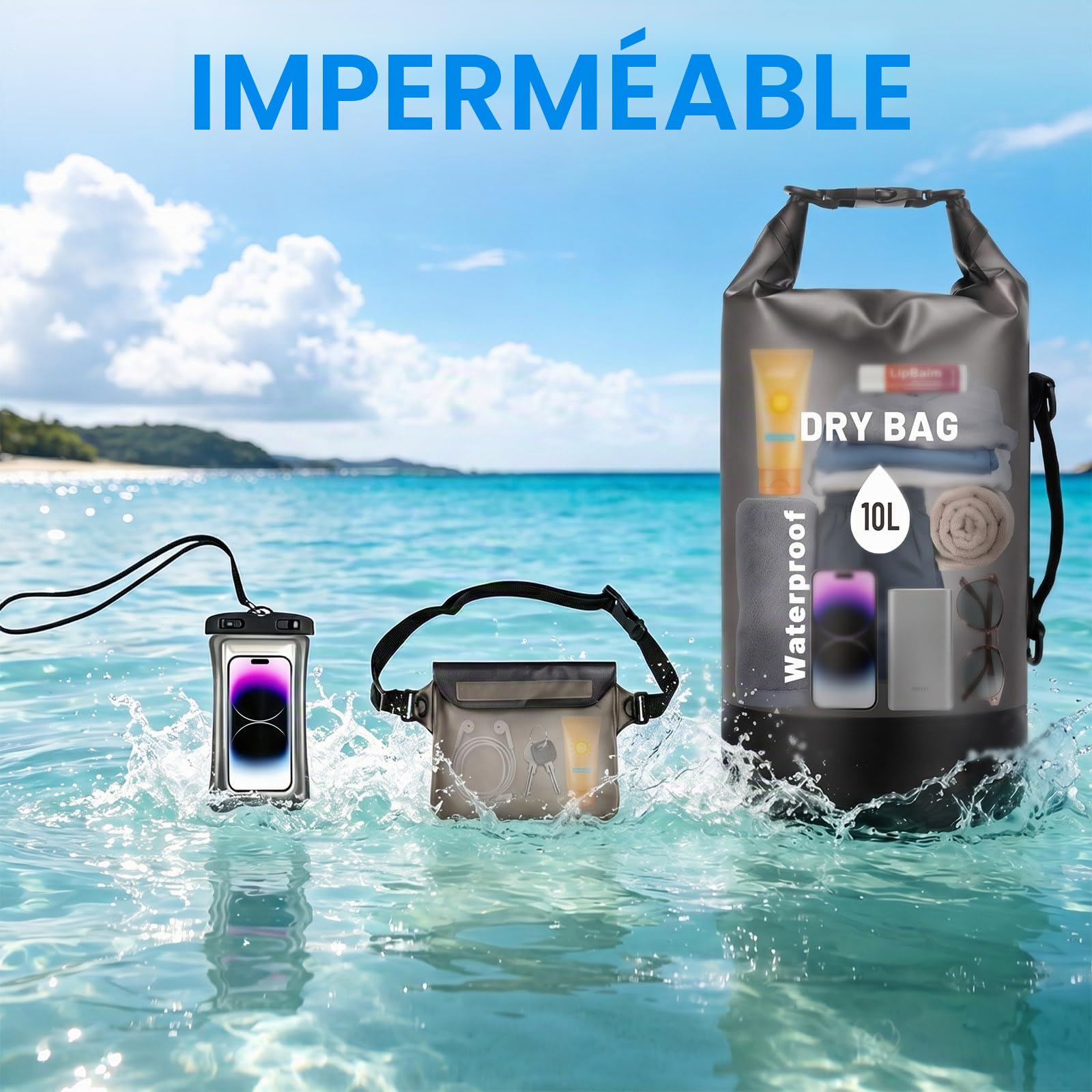 Dry Bag Sac à Dos Étanche 10L avec Sac Banane et Pochette Téléphone | PLCatis Sac Étanche Imperméable pour Bateau Kayak Rafting Camping Sports Nautiques avec Accessoires de Protection Noir