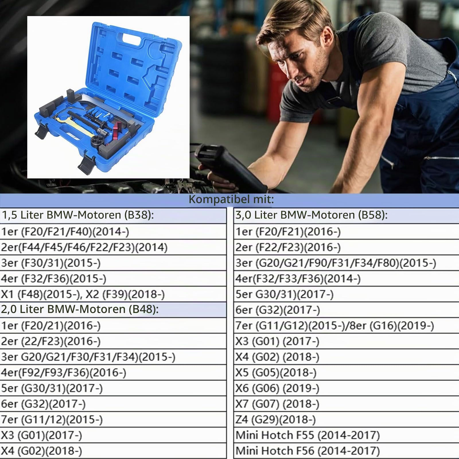 Zahnriemen Werkzeug,Nockenwellen-Ausrichtungswerkzeug,Motor Einstellwerkzeug Set mit T60-Zylinderkopfschrauben-Entfernungsnuss Vanos für B38 B46 B48 F20 F45 F46 F48 F55 F56