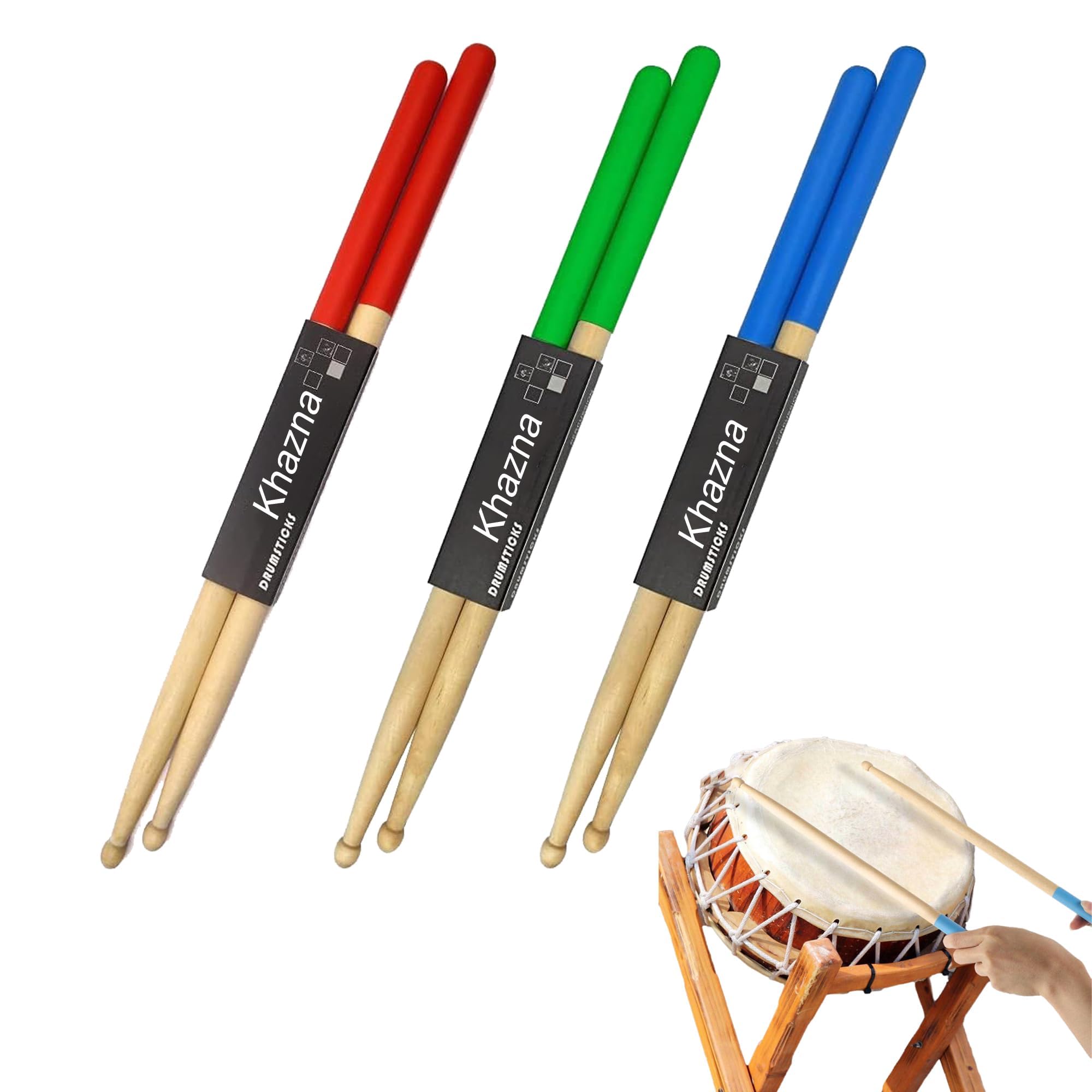Khazna Drum Sticks Non-Slip, 3 Pair Classic Maple Wood Drumsticks, 5A Drumsticks for Adults, Kids, Students, and Beginners (Red,Blue,Green)