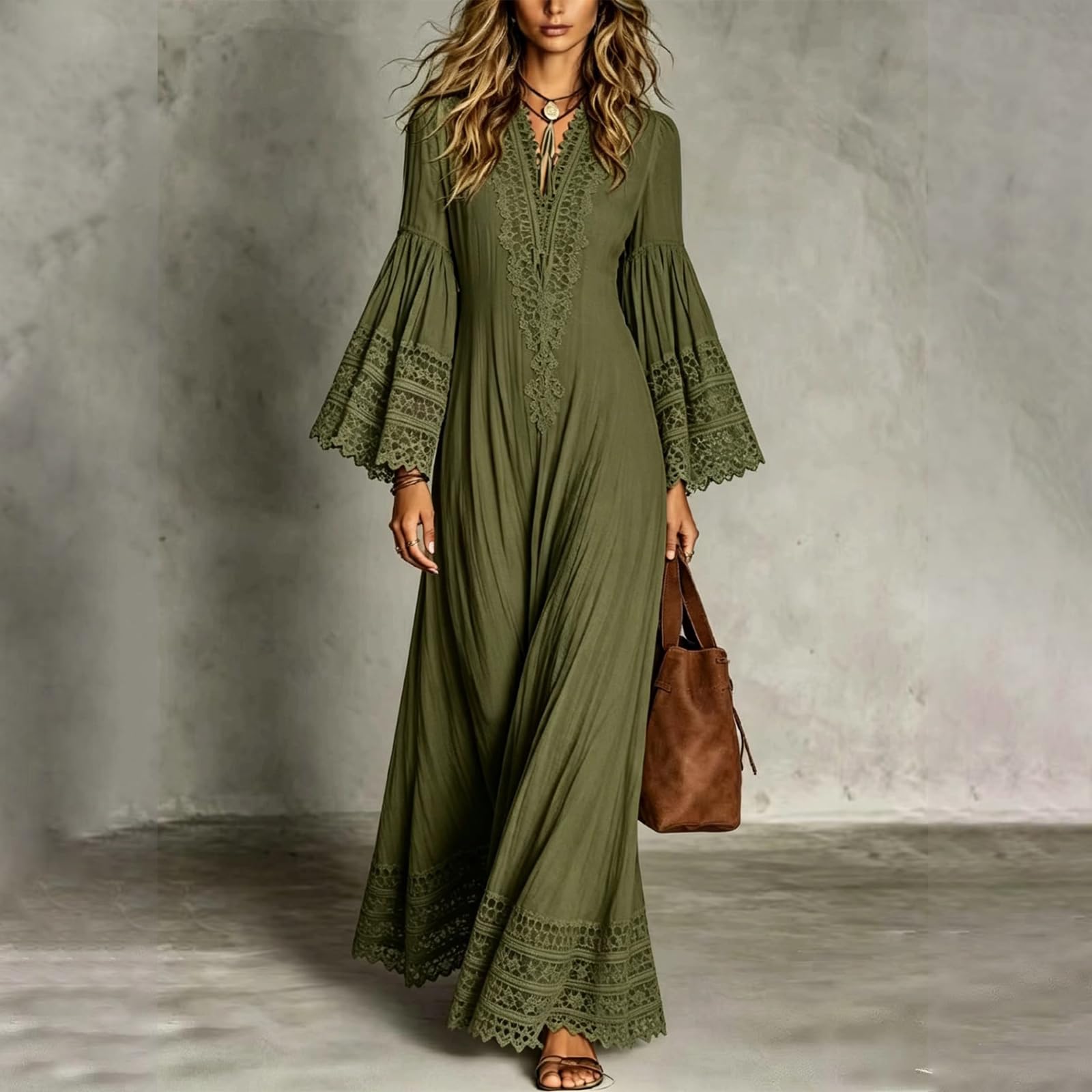 Generisch Boho Maxikleid Damen Langarm Herbstkleid Damen Vintage Kleider