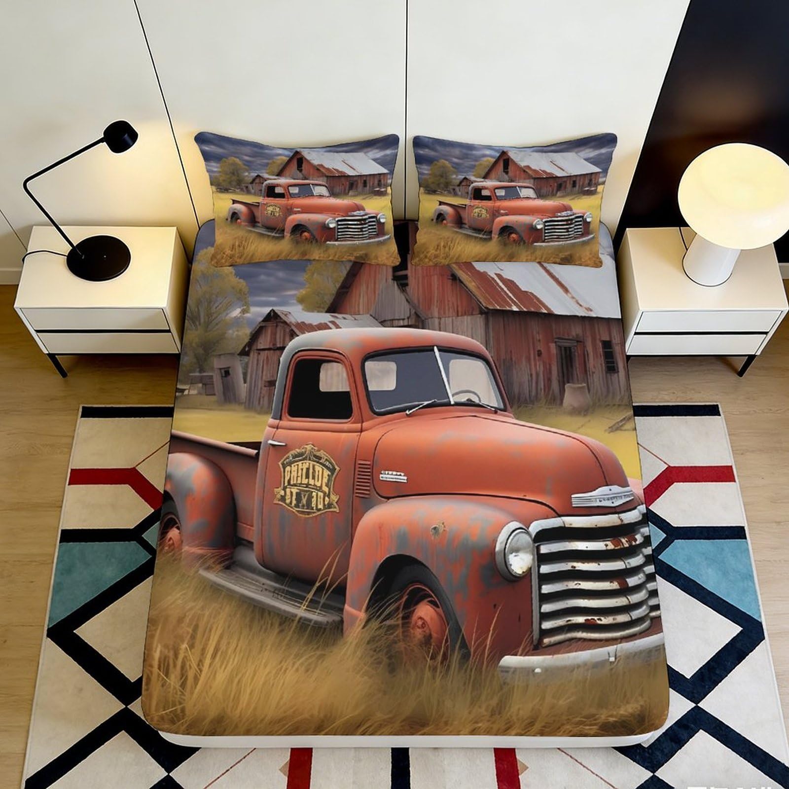 3D Printed Vintage Red Truck Fitted Sheet Microfiber Soft Farm Barn Bed Cover for Bedroom Guest Room Decor 90x200x25cm