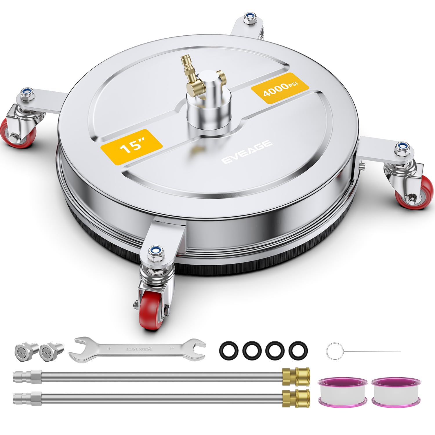 EVEAGE 15" Pressure Washer Surface Cleaner, Power Washer Surface Cleaner with 4 Wheels, Dual Half-Circle Stainless Steel Housing Power Washer Accessories with 2 Extension Wands & 4000 PSI