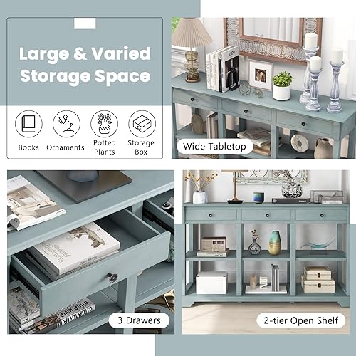 Miniatura 5 de Giantex Mesa consola con almacenamiento, mesa de sofá de 58 pulgadas de largo con 3 cajones y estantes abiertos, patas de madera maciza, mesa de