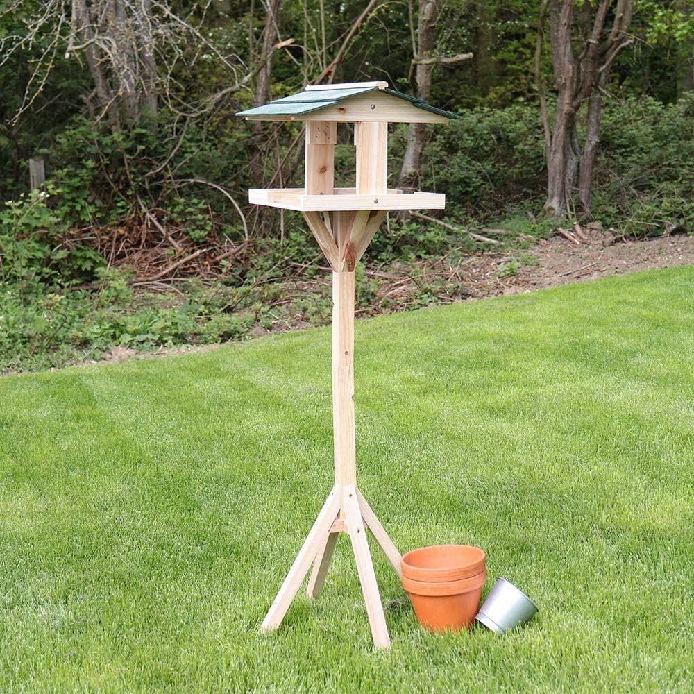 HomeZone Standing Wooden Bird Table with Green Roof Birdhouse Garden Feeding Station for Small Birds Roof Protection (Green Roof Wooden Bird Table)
