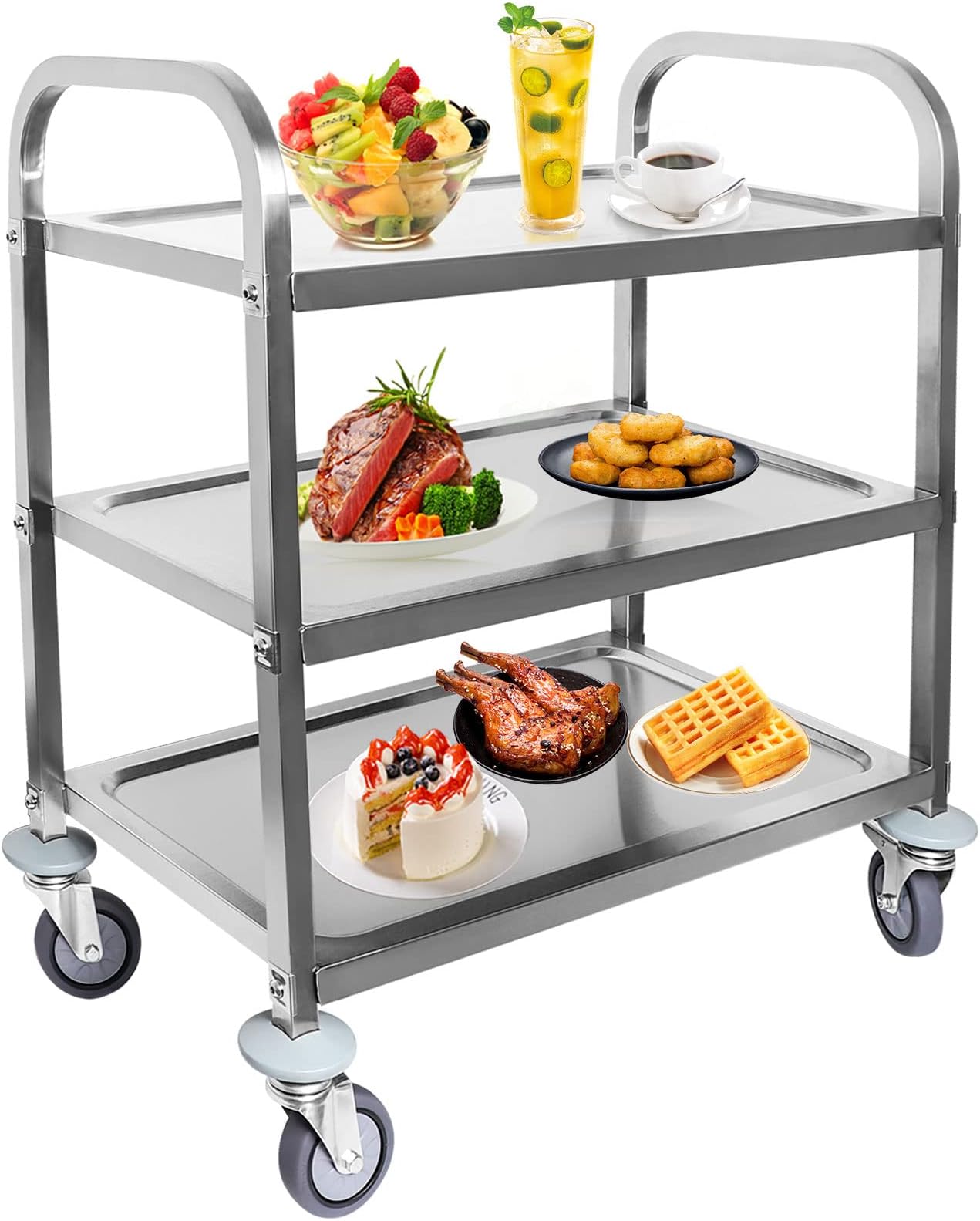 3 Tier Stainless Steel Utility Cart with Locking Wheels Kitchen Cart Kitchen Trolley 30" x 16" x 34" Utility Rolling Cart Serving Storage Cart for Kitchen Restaurant Hotel Home 330lbs Capacity