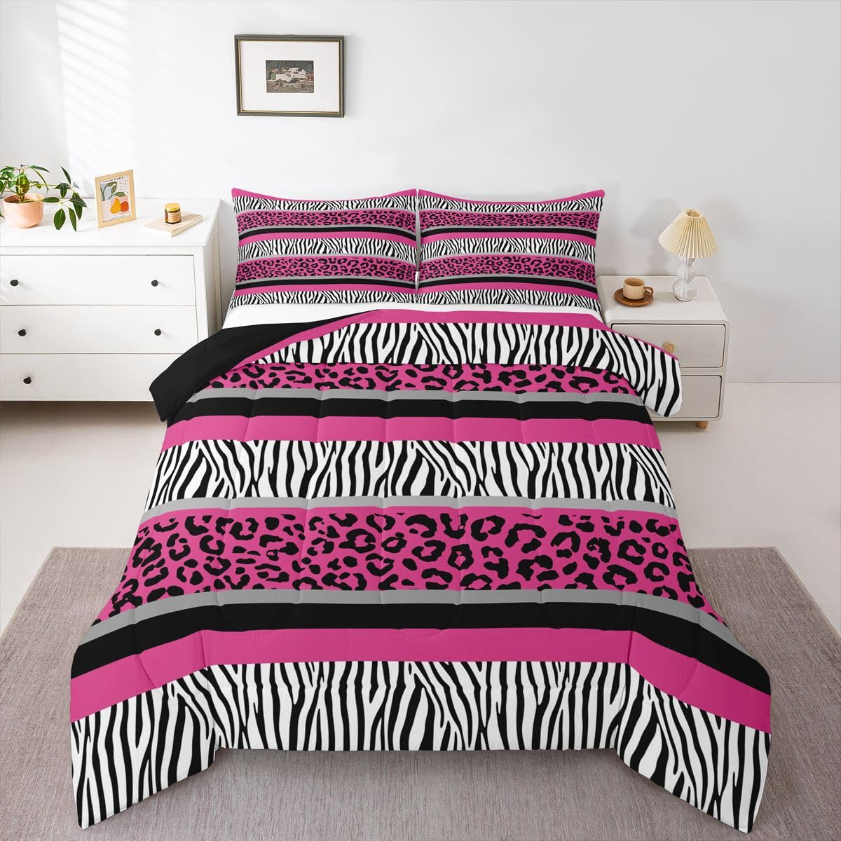 Zebra Stripes Comforter Leopard Print Comforter Set for Kids Boys Girls Pink Black White Zebra Leopard Fur Bedding Set Ultra Soft Decor Wild Animal