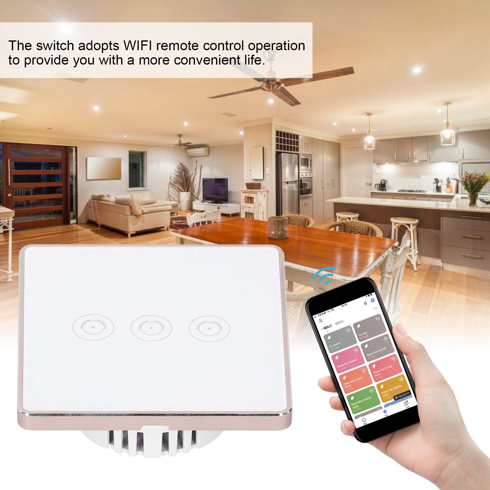 Interruptor Táctil Inteligente, Control Remoto WiFi, Interruptor Inteligente de 3 Bandas con Soporte para IFTTT Roqi, para Casa, Oficina, Tienda, Restaurante