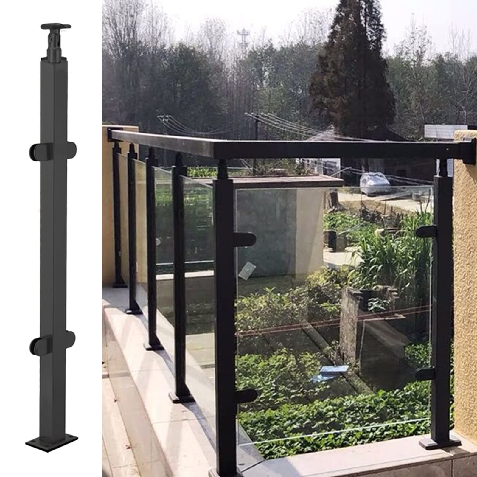 Poteau de garde-corps en verre noir carré en acier inoxydable 130 cm pour terrasse