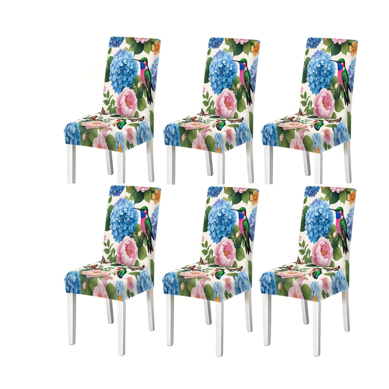 KXUAUV Blue Hydrangea Hummingbird Floral Pattern Print Dining Chair Covers Set Of 2/4/6, Stretch Slipcovers For Kitchen Dining Room Seat Protectors for Restaurant Hotel Party(6PCSChair cover)