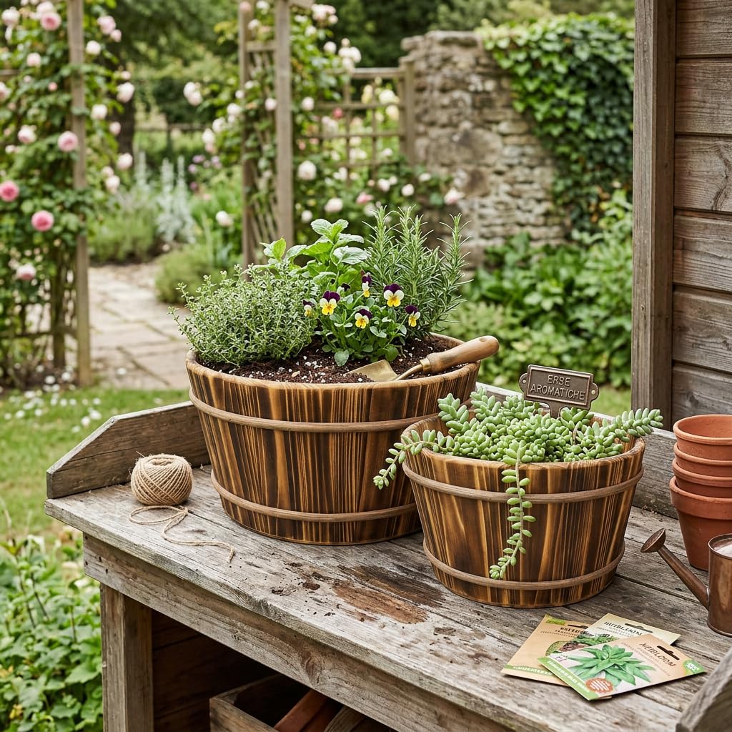 Set 2 Mastelli in Legno di Abete Brunito Marrone, Fioriere e Portaoggetti Decorativi di Diverse Dimensioni, Contenitori Rustici per Casa e Giardino