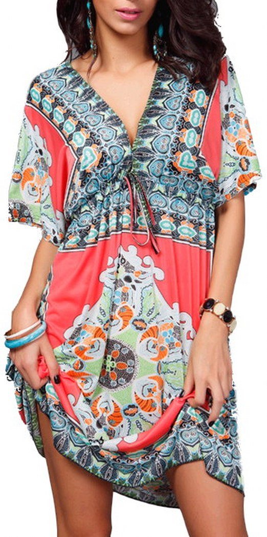 Womens Summer National Print Party V neck One Piece Dress