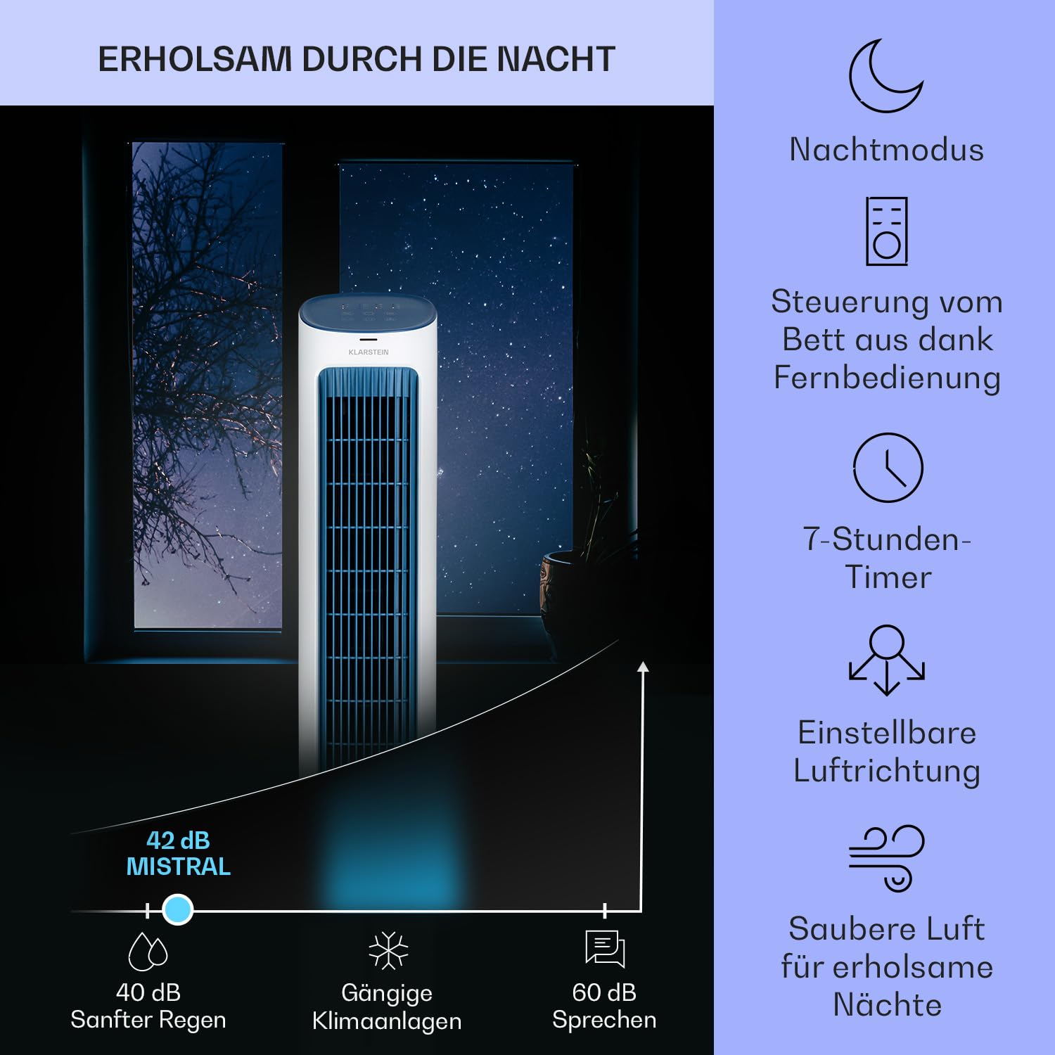 Klarstein Klimagerät Mobil, 5-in-1 Mobiler Luftkühler mit Nachtmodus, Ventilator Leise, Luftbefeuchter & Luftreiniger, Mobiles Klimagerät ohne Abluftschlauch, Turmventilator 360 m³/h, 50 Watt, Weiß