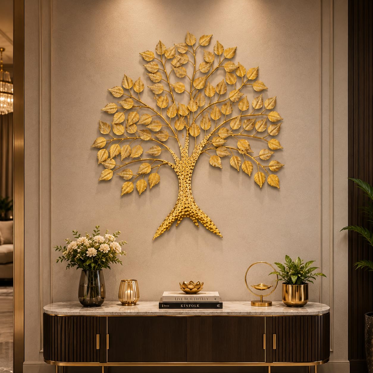Home & Bazaar Tree of Life Metal Wall Art, Handcrafted Gold Iron Peepal Tree Wall Hanging for Living Room, Bedroom, Office & Entryway, Decorative Wall Decor, 30 x 2 x 27 Inch (76.2 x 5 x 68.6 Cm)-image-49