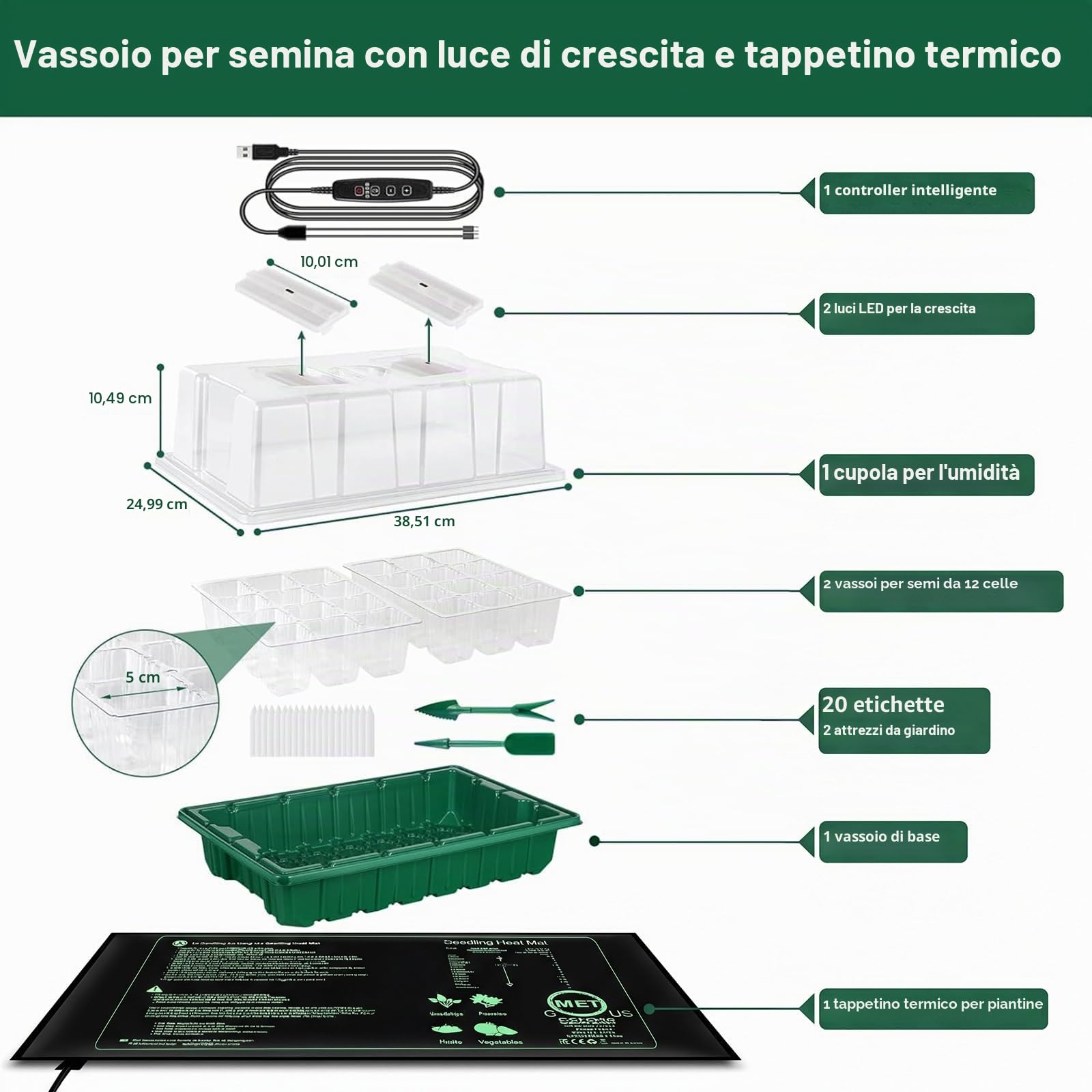 Verdenu Vassoio Germinazione con Tappeto Riscaldante, Semenzaio Germinazione Extra Large da 24 Celle con Coperchio Rialzato, Serra Per Germinazione Per la Propagazione di Piante da Interno