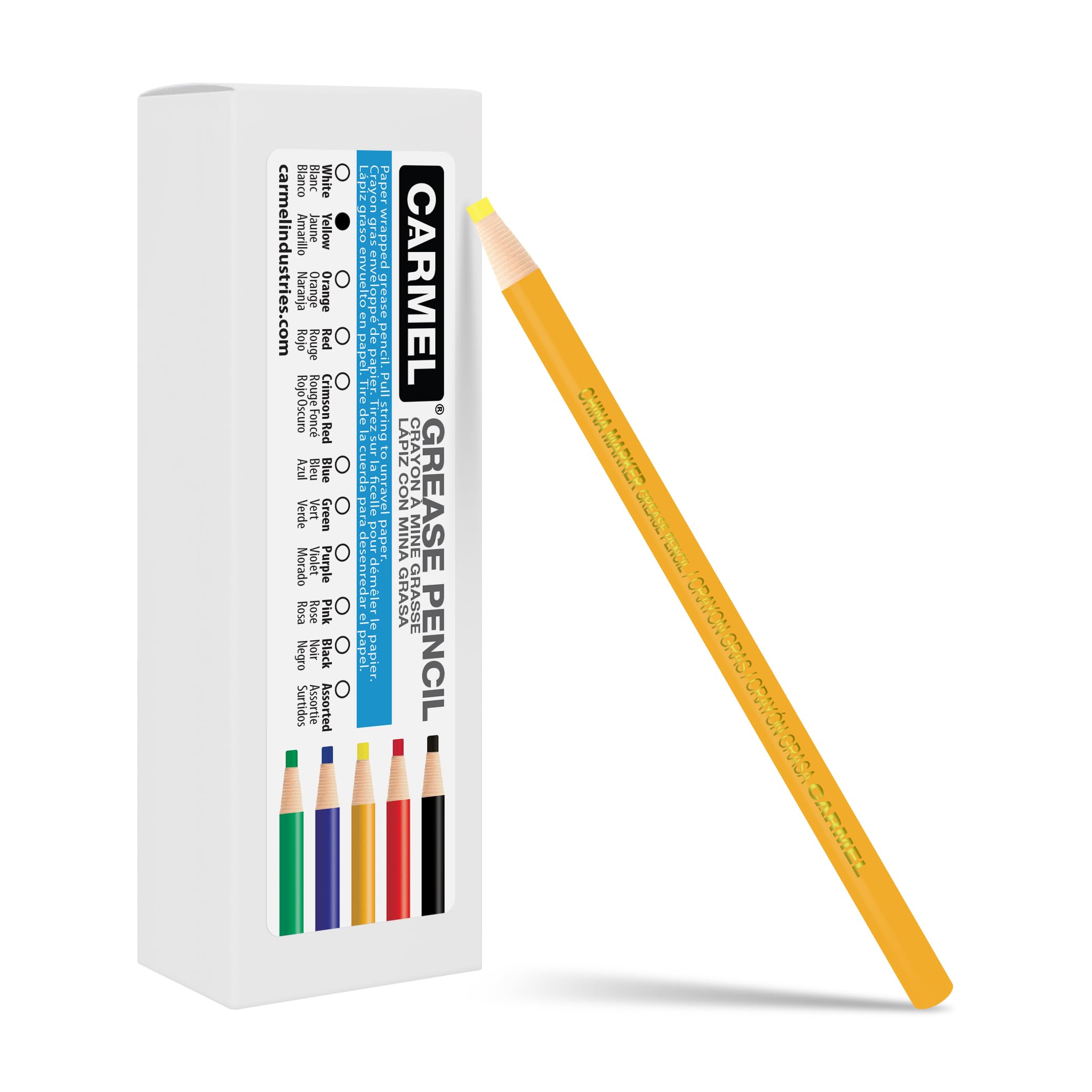 Carmel China Marker, Box of 12 (Yellow), Pull String Grease Pencil, Paper Wrapped Wax Pencil for Marking Smooth Surfaces Including Plastic, Metal,