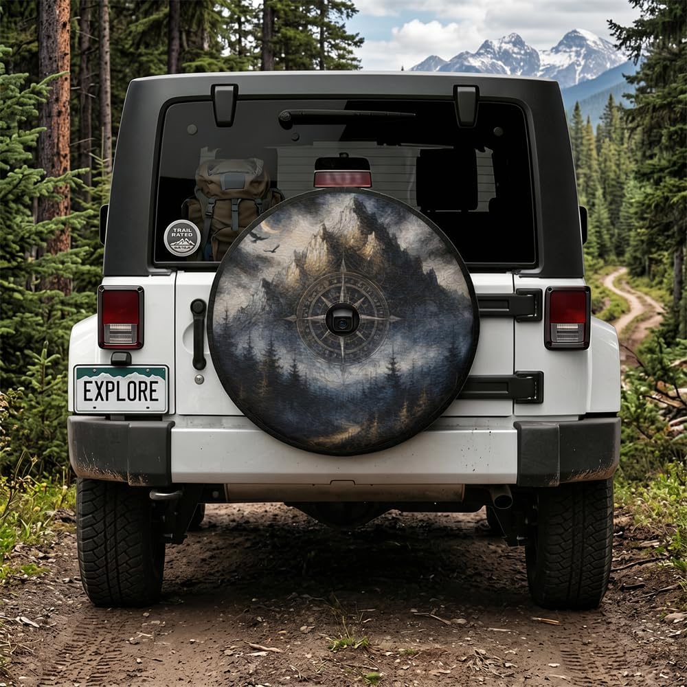 18 Inch Vintage Mountain Forest Compass Leather Spare Tire Cover with Backup Camera Hole Universal Wheel Protector for Wrangler Jl SUV Rv Trailer Camper Truck