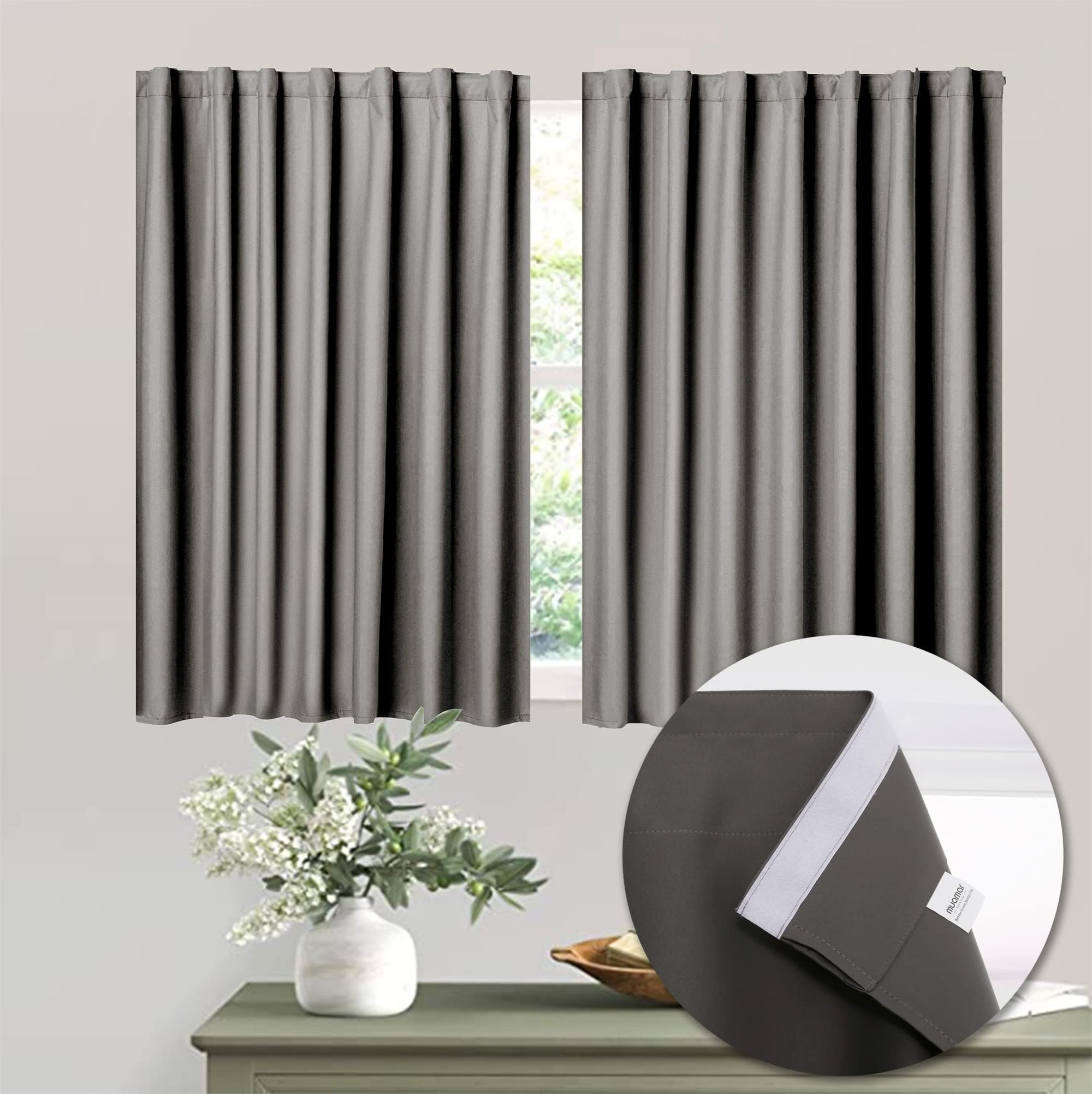 Velcro Blackout Curtains for Bedroom 2 Panels with Tiebacks(Grey, 29" W x 45" L),Without Rods Small Curtains,Kitchen Curtains,Easy Install for Window, Bathroom Door,Wardrobe, Cabinet Etc