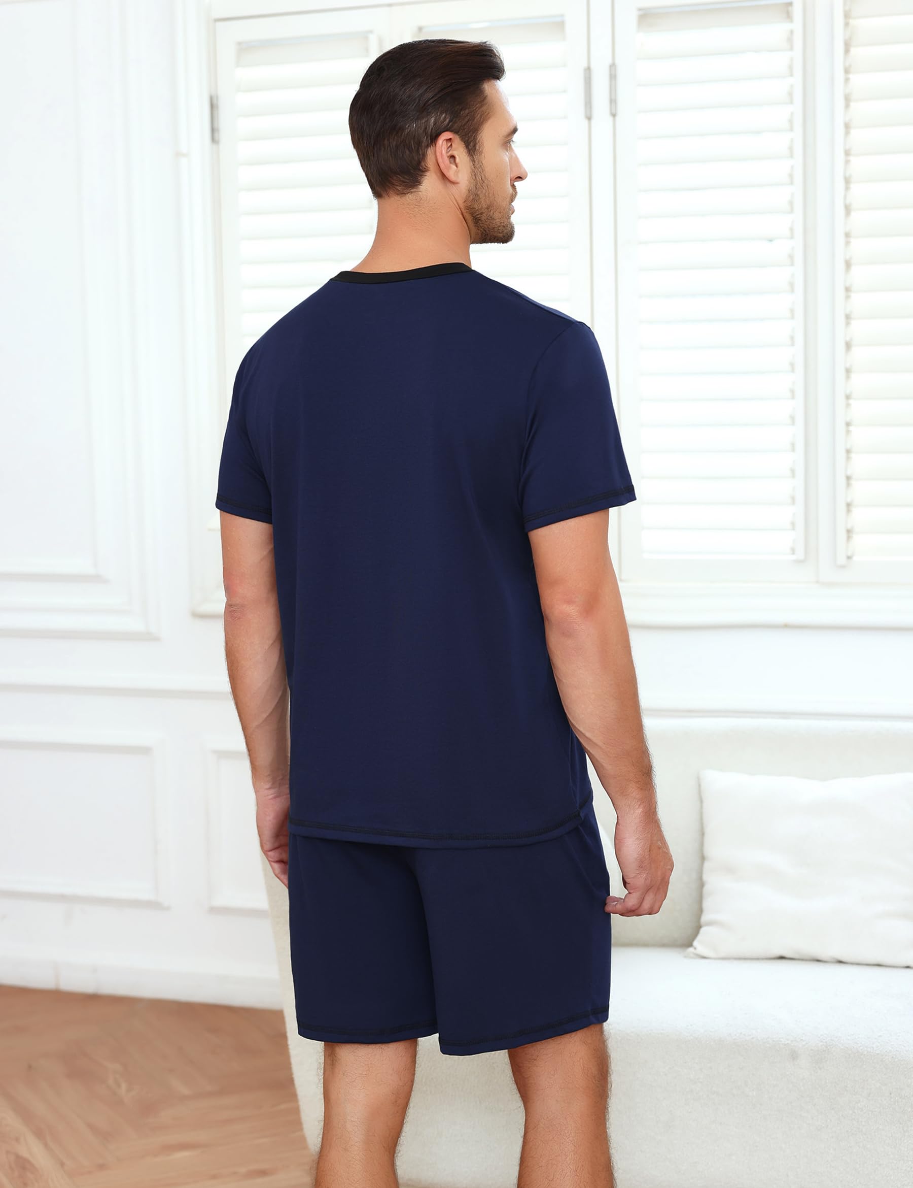 Marvmys Pijamas Hombre Verano Corto Conjunto Algodón Cuello en V Manga Cortas Tops Pijama Pantalones con Bolsillo S-3XL