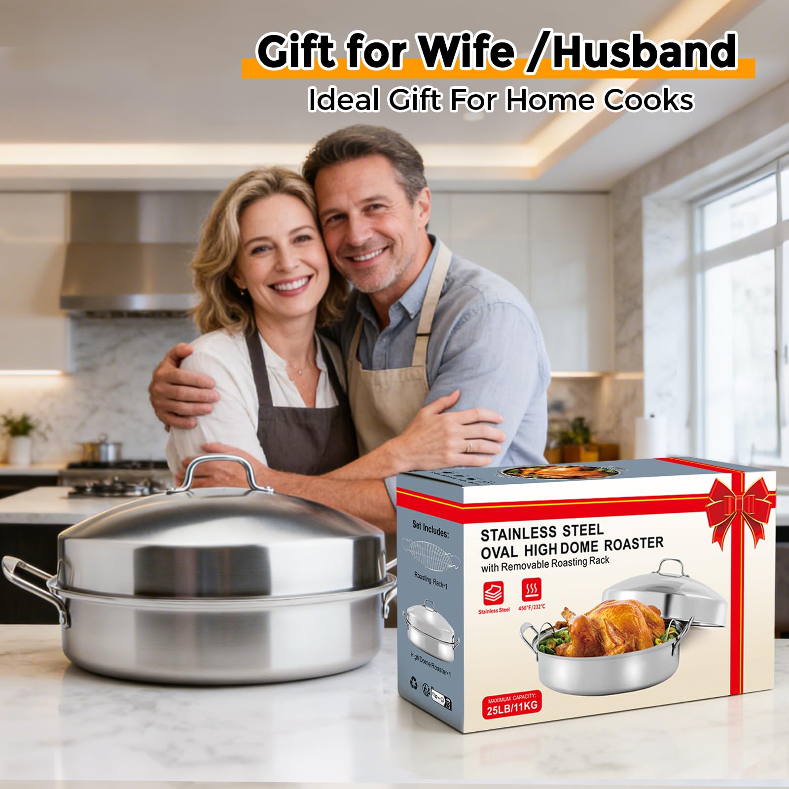 Sartén grande para asar con estante y tapa, regalos para mamá, mujer, esposa, tostadora ovalada grande de acero inoxidable, utensilios de cocina antiadherentes para pollo y pavo, 21 pulgadas