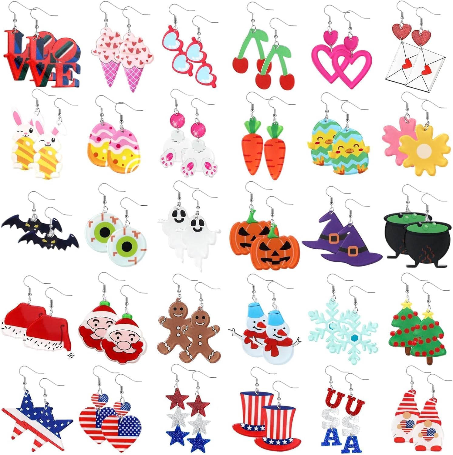 30 Pairs Easter Holiday Earrings for Women, Acrylic Drop Dangle Earring Bulk Gifts for Women Easter Day Independence Day Jewelry - Image 7
