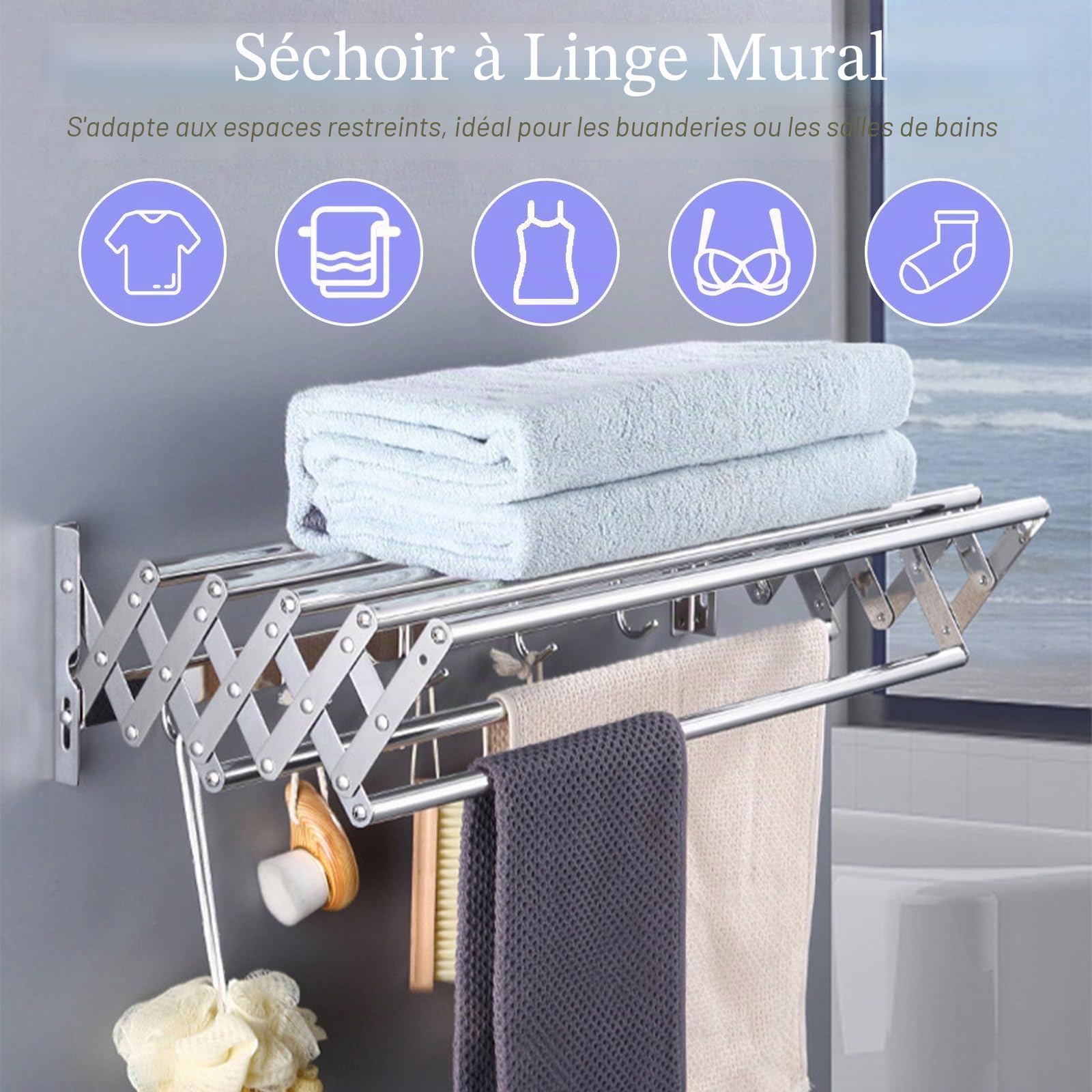Etendoir Mural Sechoir à Linge Retractable Pliable Extérieur avec 4 Accroche Acier Étendoir à Linge et Suspendu en Acier Inoxydable pour Gagner de la Place pour Salle de Bain, Balcon (60cm)