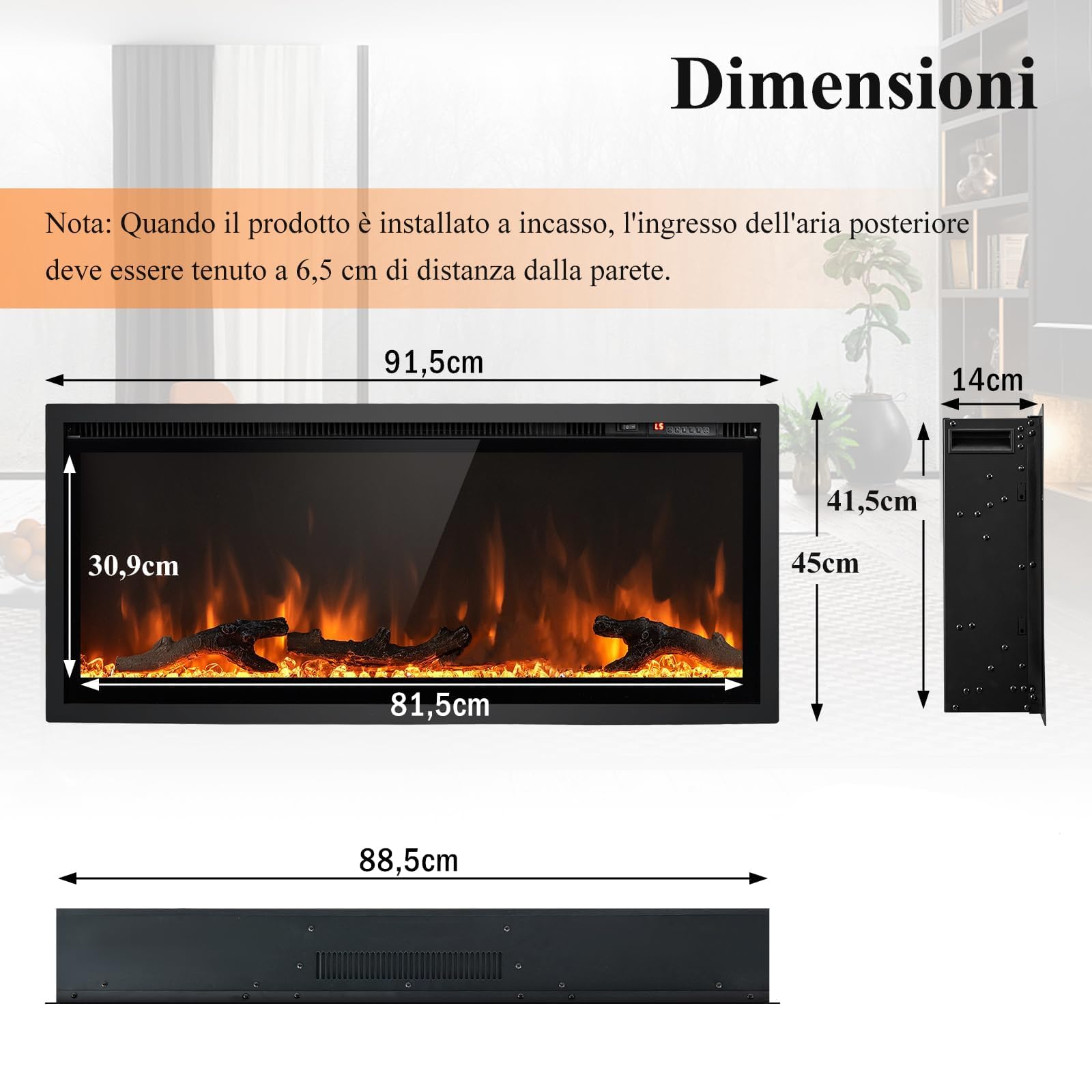 GYMAX Camino Elettrico, Caminetto a Parete Incassato, 750W/1500W, con Telecomando, Timer, Decorazione di 3 Tronchi e Cristalli, 91,5 x 14 x 45 cm (91,5 x 14 x 45 cm)