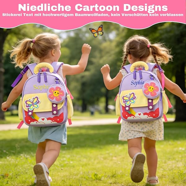 Generisch Personalisierter Kinderrucksack mit Namen bestickt, Individueller Cartoon Rucksack für Jungen Mädchen, Leichter Rucksack für Kindergarten Vorschule (Blume) - 4