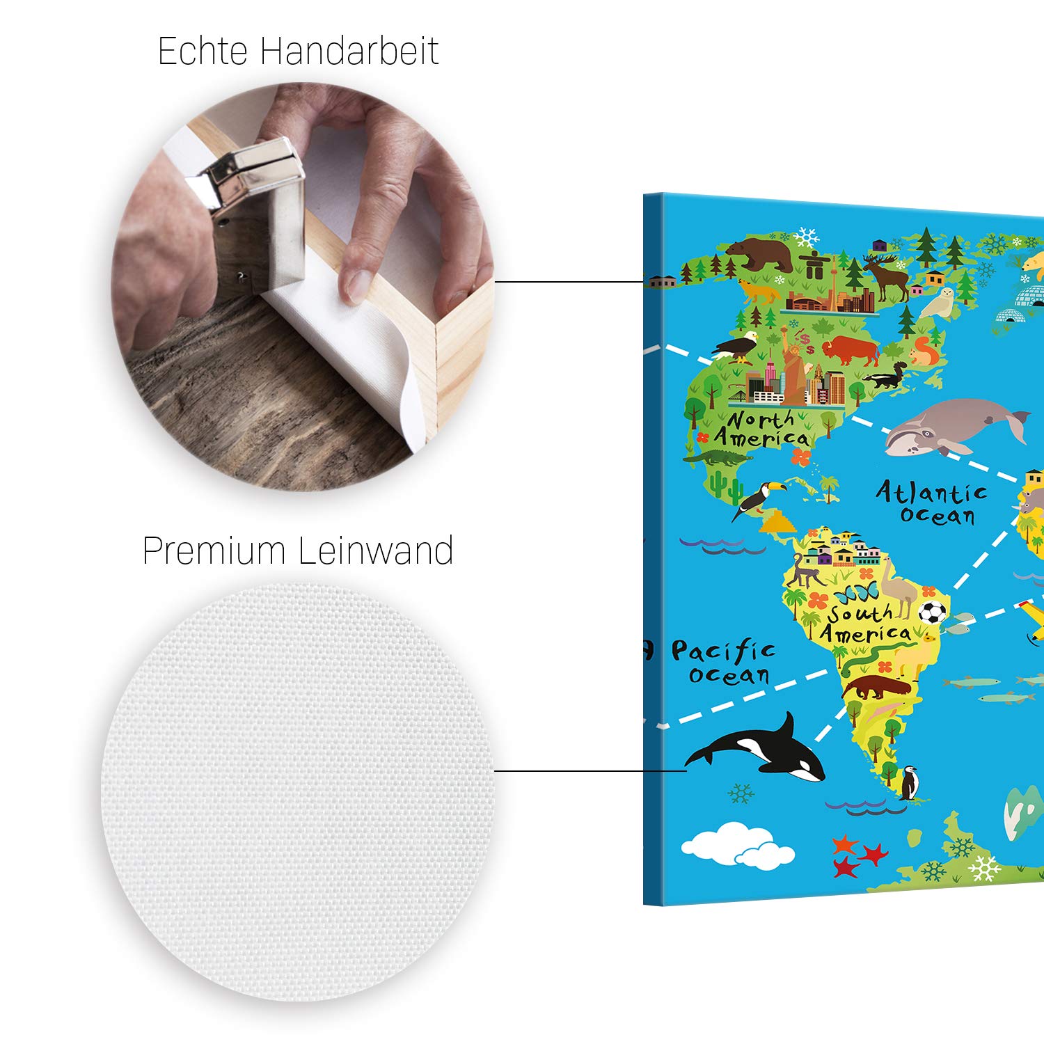 ge Bildet® Bild Auf Leinwand mit Herbst RABATT Weltkarte für Kinder - Hellblau Bild für kinderzimmer - 100x70 cm einteilig XXL - direkt vom Hersteller aus Deutschland - Made in Germany 1465