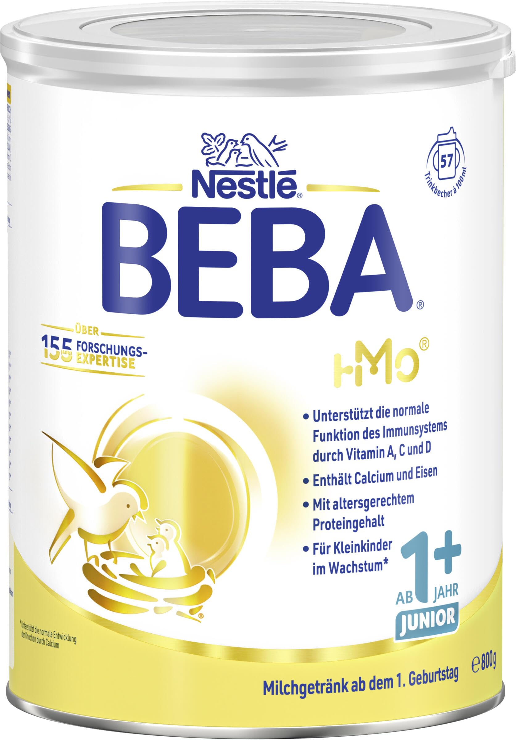 BEBA Junior 1+ Milchgetränk ab dem 1. Geburtstag, Mit HMO, Altersgerecht angepasster Proteingehalt, Nur Laktose, Ohne Palmöl, Ohne Fischöl, Kleinkindnahrung, Baby-Milchpulver, 6er Pack (6 x 800g)