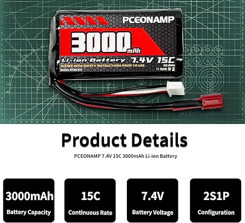 Miniatura 6 de PCEONAMP Batería de iones de litio de 7.4 V 3000 mAh 2S con enchufe Deans T recargable de alta capacidad, batería RC apta para WLtoys 4WD de alta