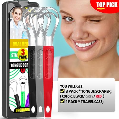 Miniatura 7 de Paquete de 3 raspadores de lengua de metal para niños y adultos, limpiador de lengua de acero inoxidable con estuche de viaje