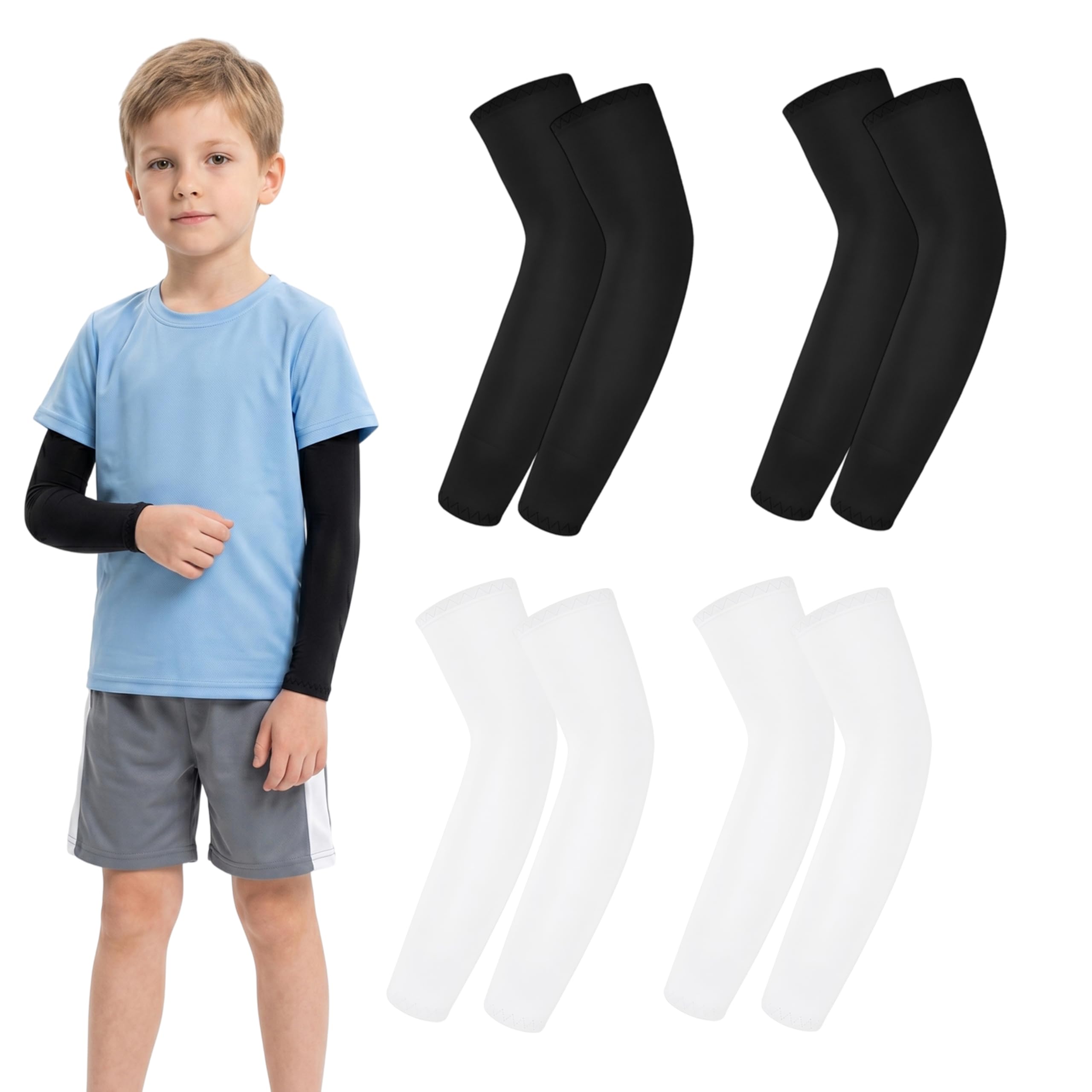 Lot de 4 paires de manchons pour enfant - Protection UV - Manchettes et manchons de sport pour basket-ball, volley-ball, football - Manches élastiques pour garçons et filles de 4 à 12 ans