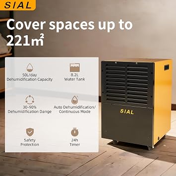 SIAL Industrial Dehumidifier 50L/Day for Home,221㎡,8.2L Water Tank