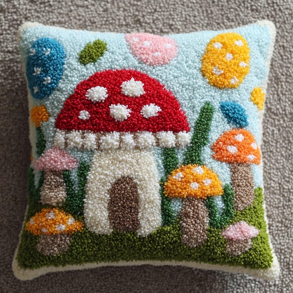 WallustrioaW Latch Hook Kits Pillow for Adults,Cartoon Mushroom,Latch Hook Kit Cushion,Embroidery DIY Needlework Pillow Cover,17x17in