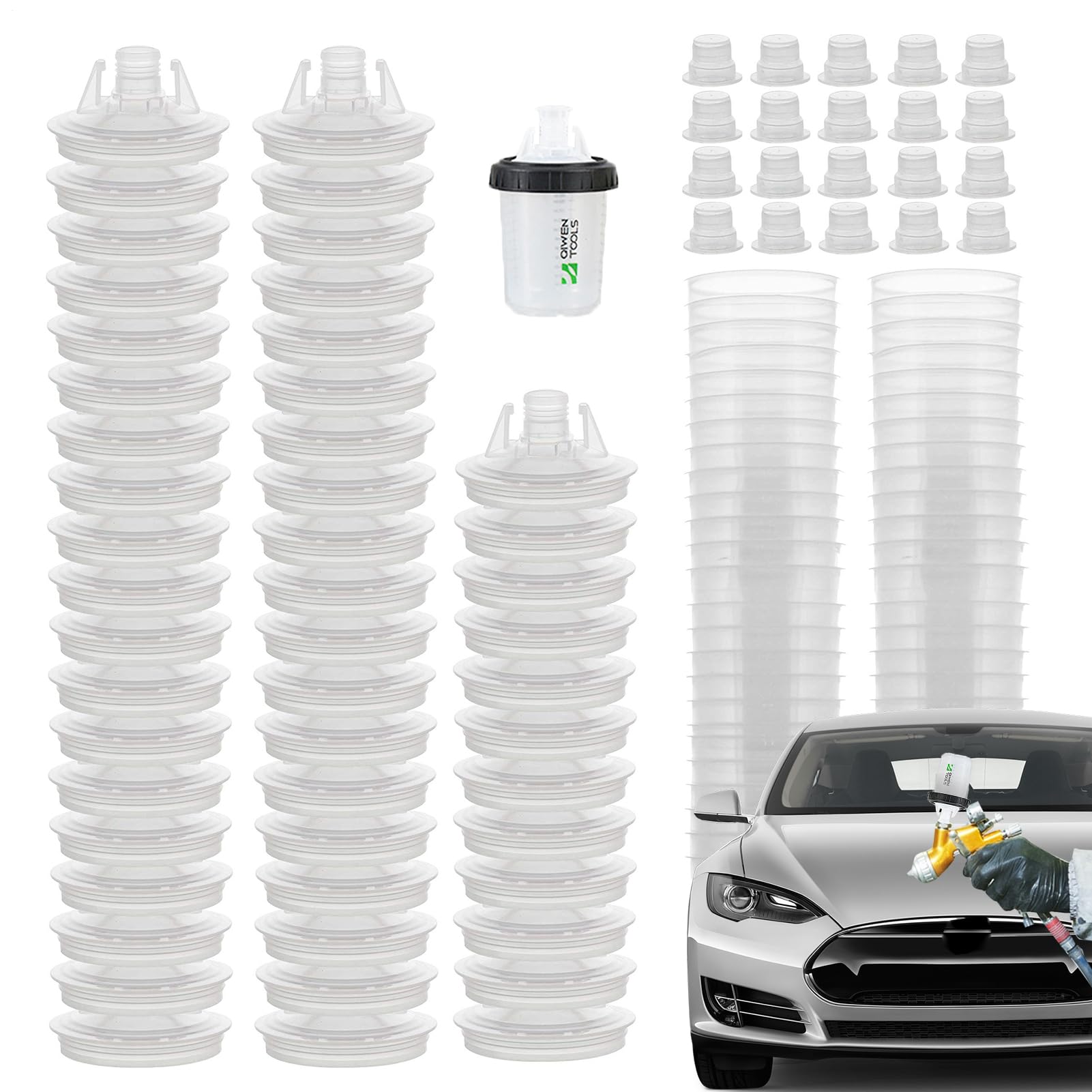 Taza dura del de pintura: kit de suministros de pintura automotriz, accesorios de pistolas de pulverización profesionales, tazas de mezcla de medición clara | 50 desechables y tapa para