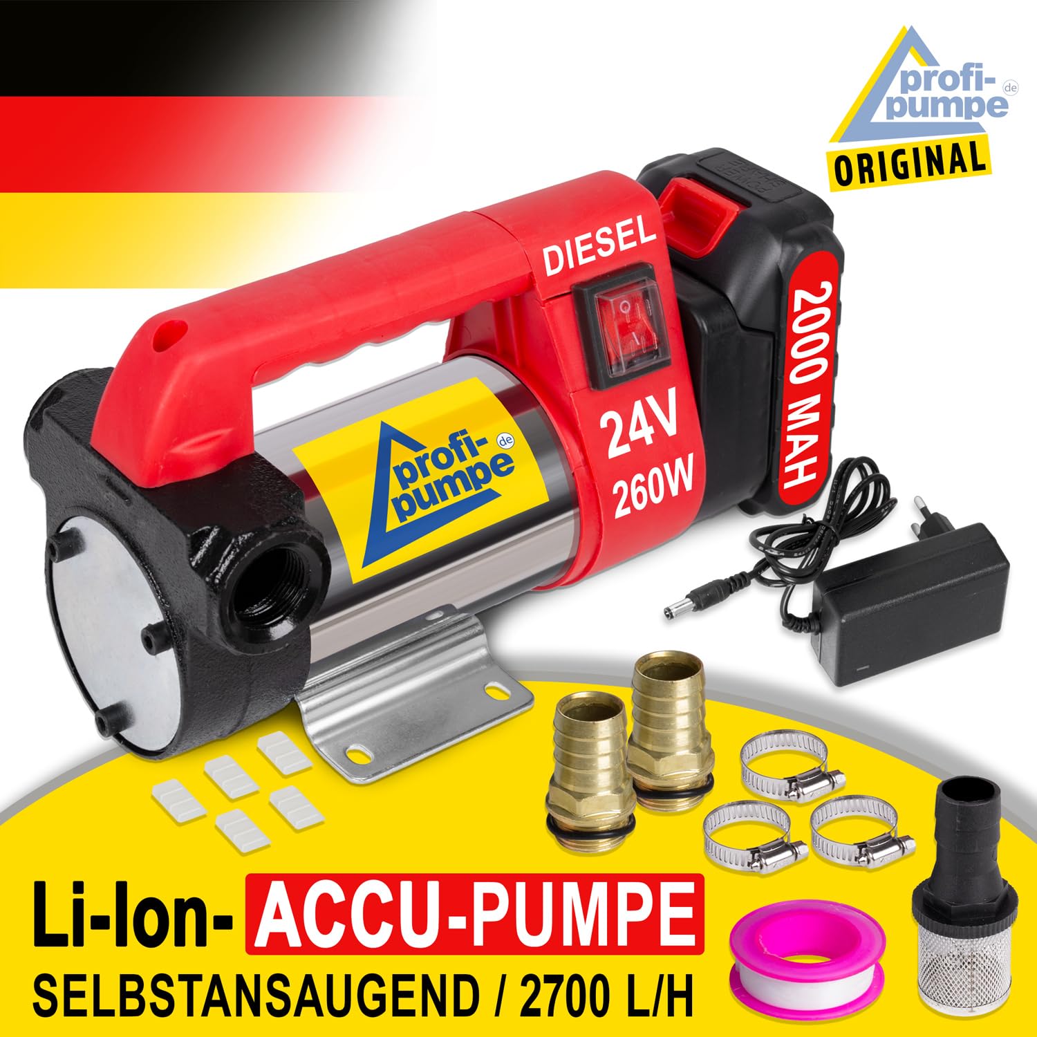 Mobile Dieselpumpe 24V Selbstansaugend Heizölpumpe Biodiesel Akku-Pumpe Starke Motor-Leistung, Batteriebetrieb Li-Ion-Akku Batterie Ersatz 2000mAh Universaldieselpumpe Star260-4.2, 45L/Min 260W