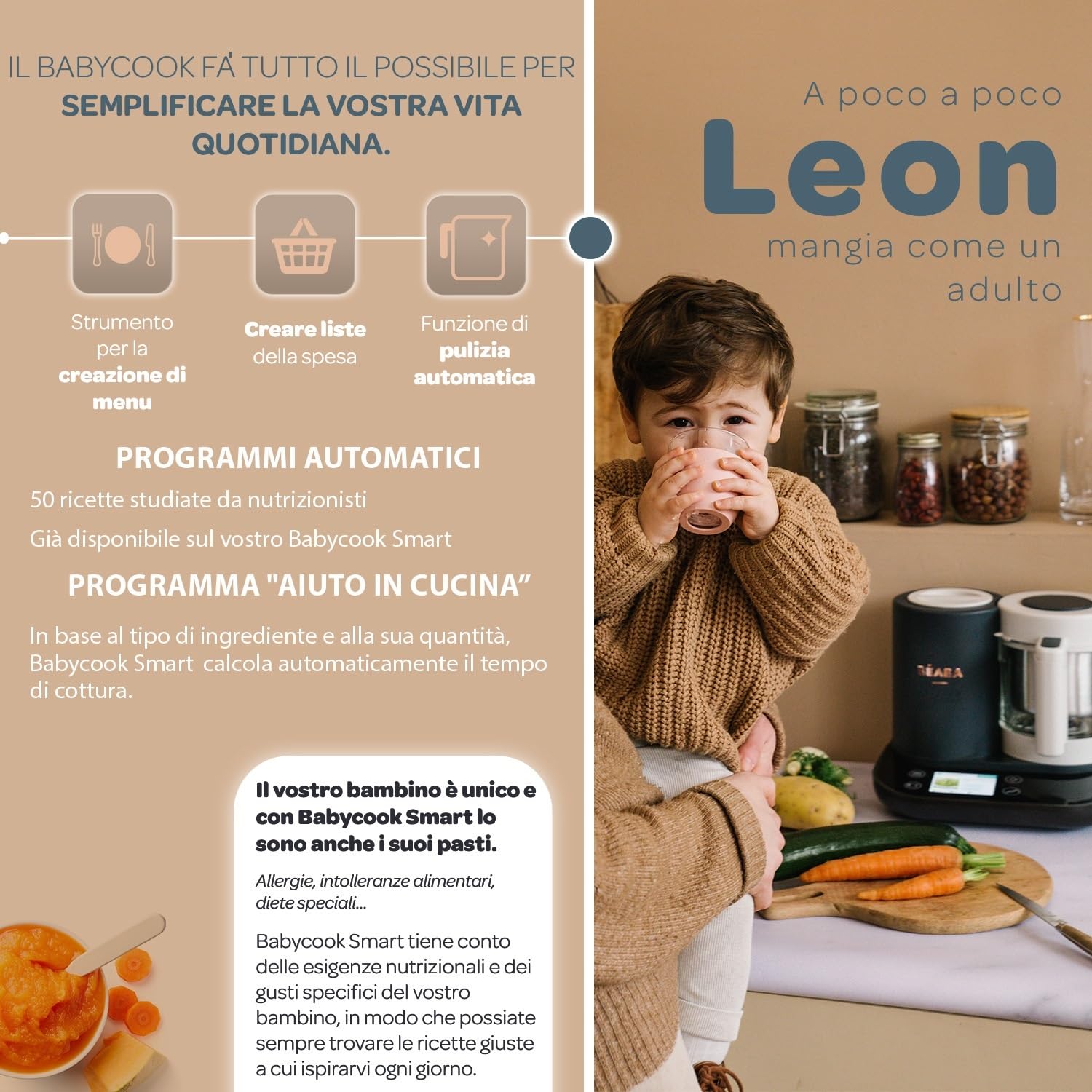 BÉABA BabycookSmart, Cuoci Pappa per Bambini, Bilancia, Ciotola in Vetro, Cestino Acciaio Inox, 2.25 L, Cottura Vapore, Schermo Tattile, Antracite