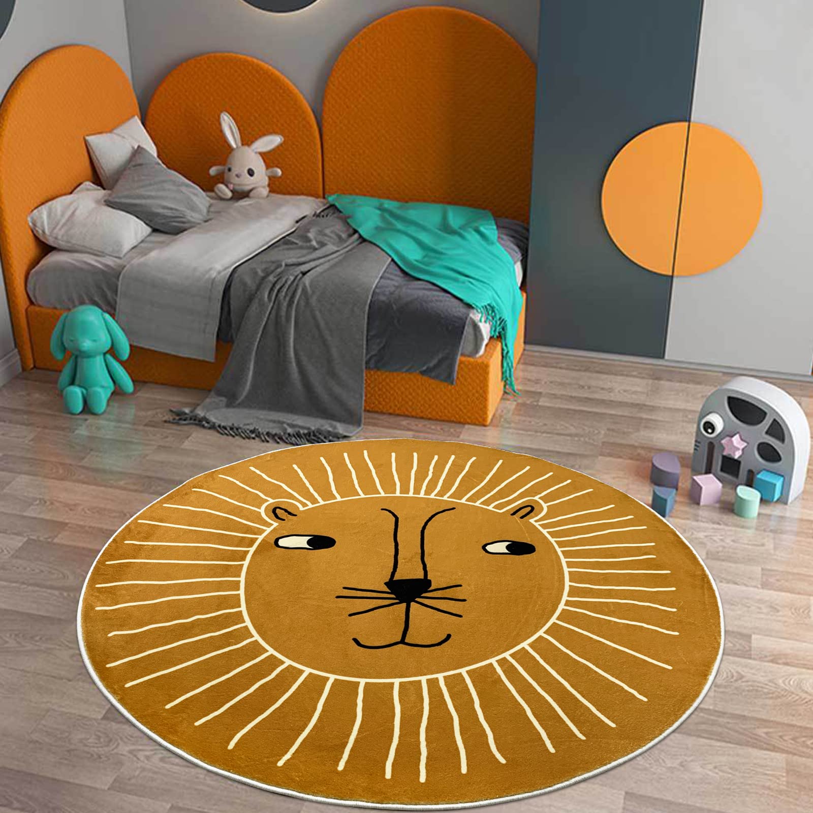 USTIDE Kids Rug Round 4Ft, Round Lion Play Mat Non Slip Kids Circle Rug Soft Nursery Rug Wahable Floor Carpet for Living Room Bedroom Playroom Decor