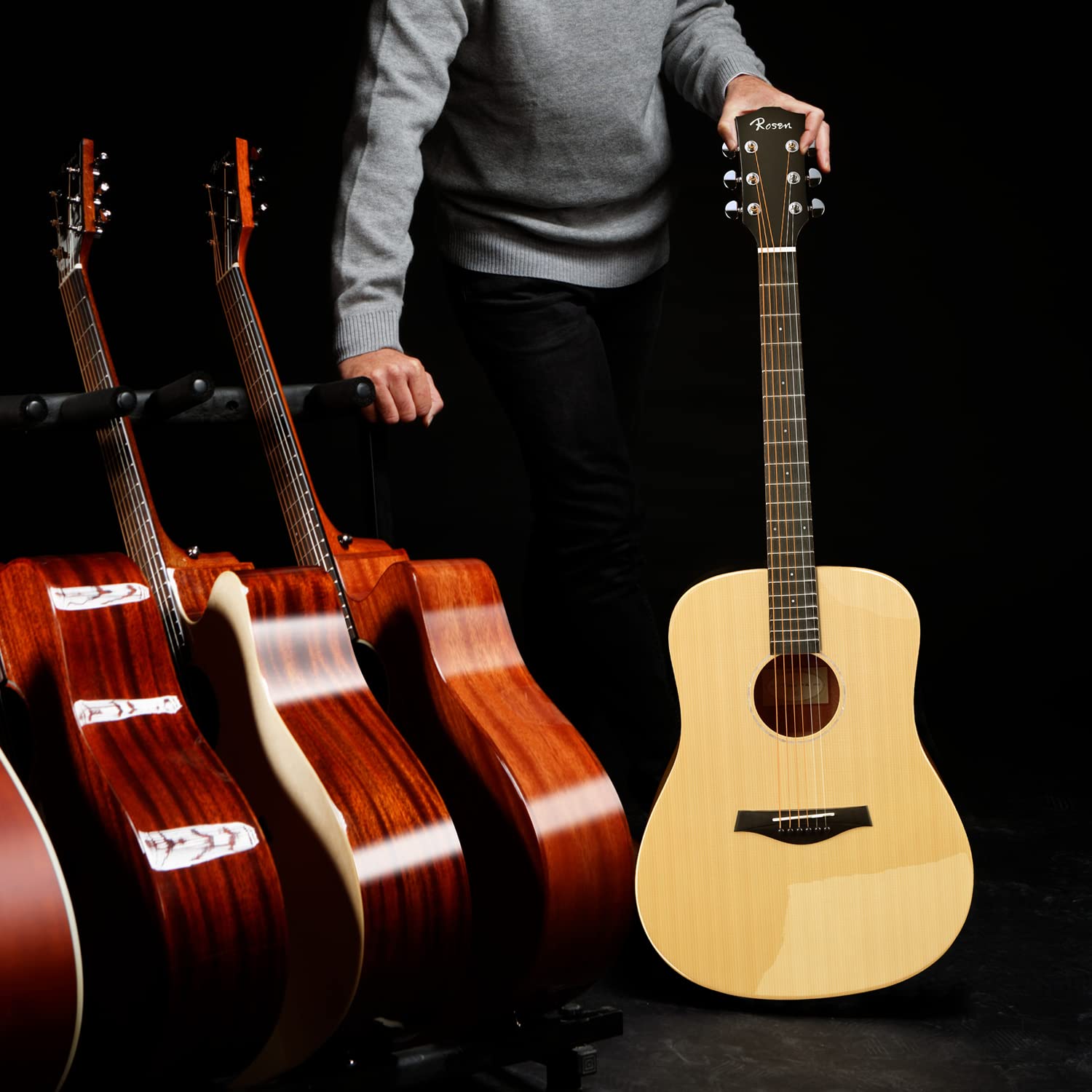 Rosen Chitarra Acustica 4/4 Top In Abete Massiccio 41 Pollici Guitarra Full Size con Finitura Lucida Starter Kit con Custodia Morbida, Accordatore, Corde, Tracolla e Plettri