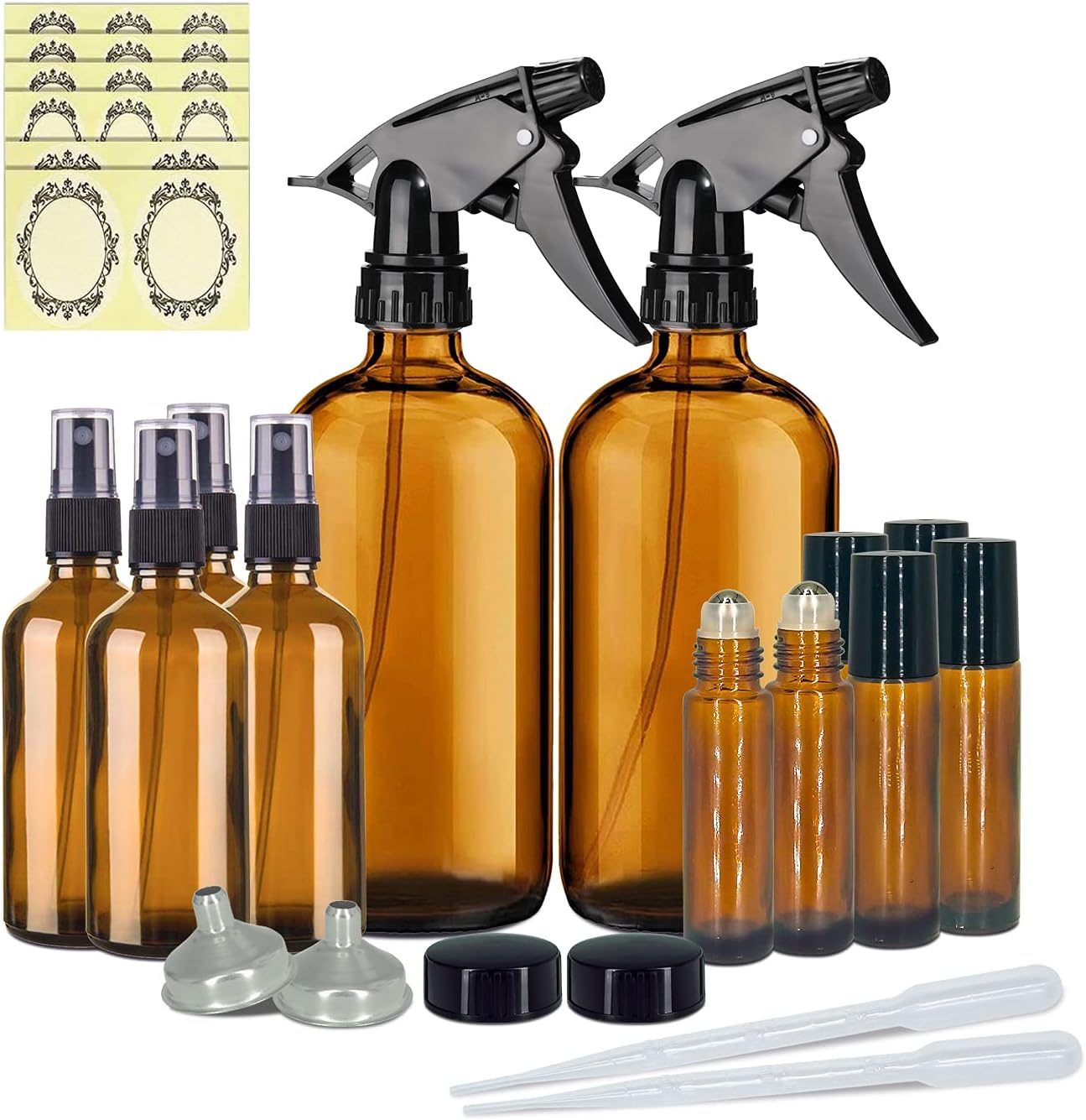 12 Pack Amber Glass Essential Oil Bottle Kits - 2 Pack 16oz & 4 Pack 2oz Spray Bottles & 6 Pack 10ml Roller Bottles for Essential Oils or Cleaning Agent. Labels, Droppers, Funnels and Lids Included_AB