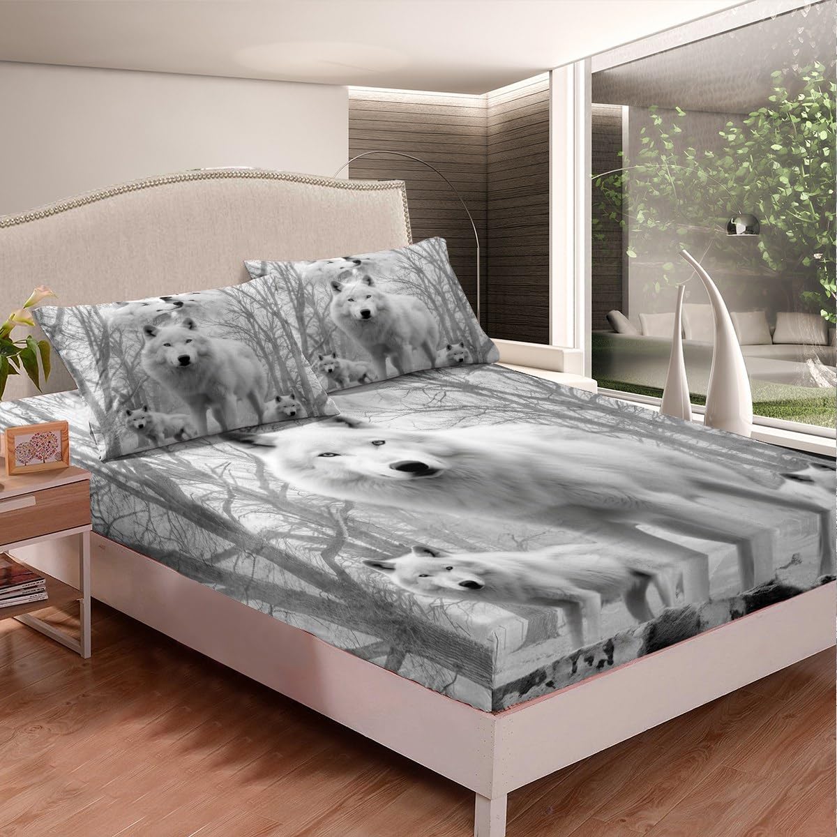 White Wolf Fitted Sheet Wolves Couple Bedding Sets Safari Animals Bed Sheets Wolf Family Exotic Wildlife Woods Nature Sheet Set Deep Pocket 4 Pieces Top Flat Sheet 2 Pillow Cases Queen