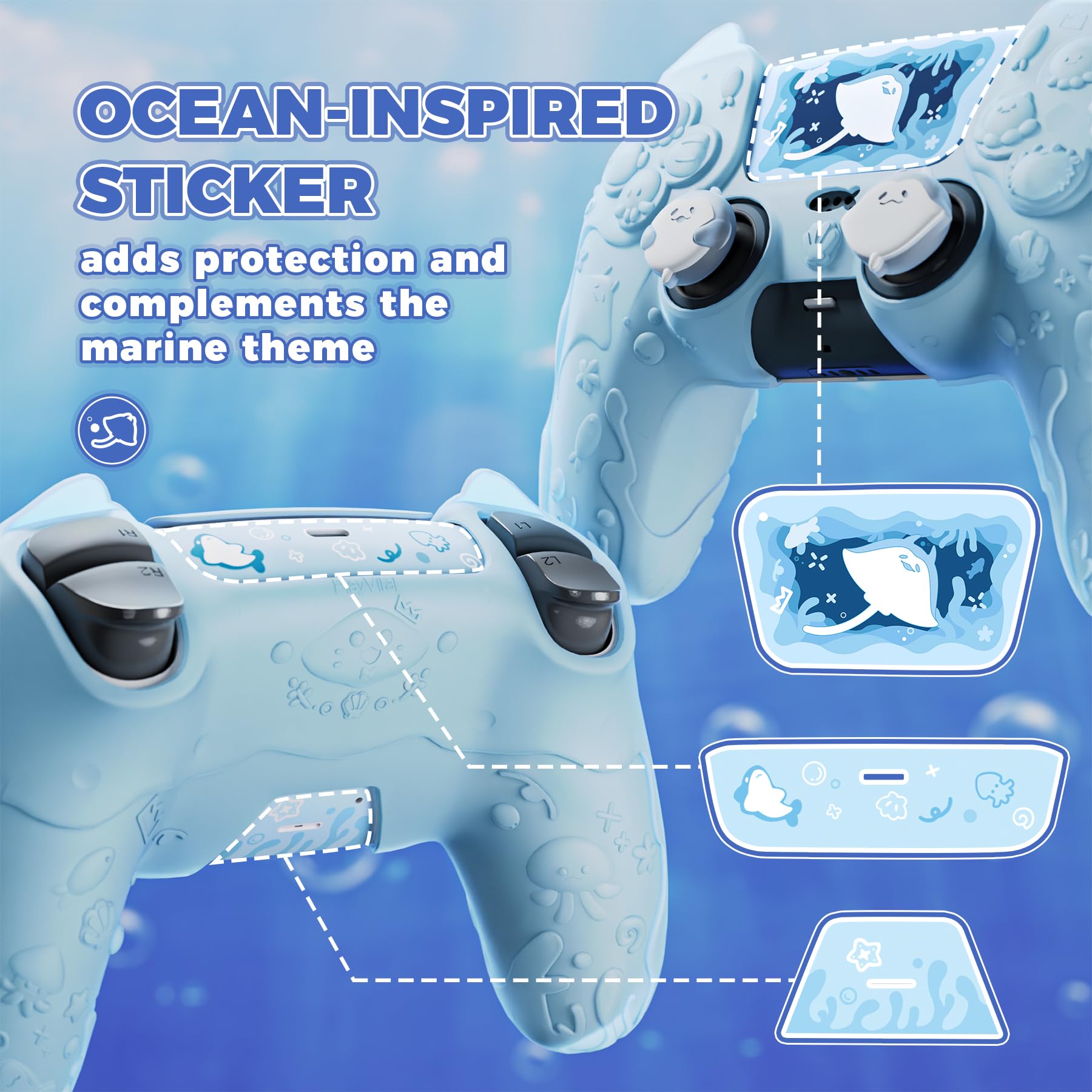 PlayVital Cover Controller per ps5 Joystick Custodia Silicone Semi-trasparente, Grip Antiscivolo & Copri Analogici & Adesivi Carini, Adatto per ps5 Base di Ricarica, Ocean Whisper-Menta Blu