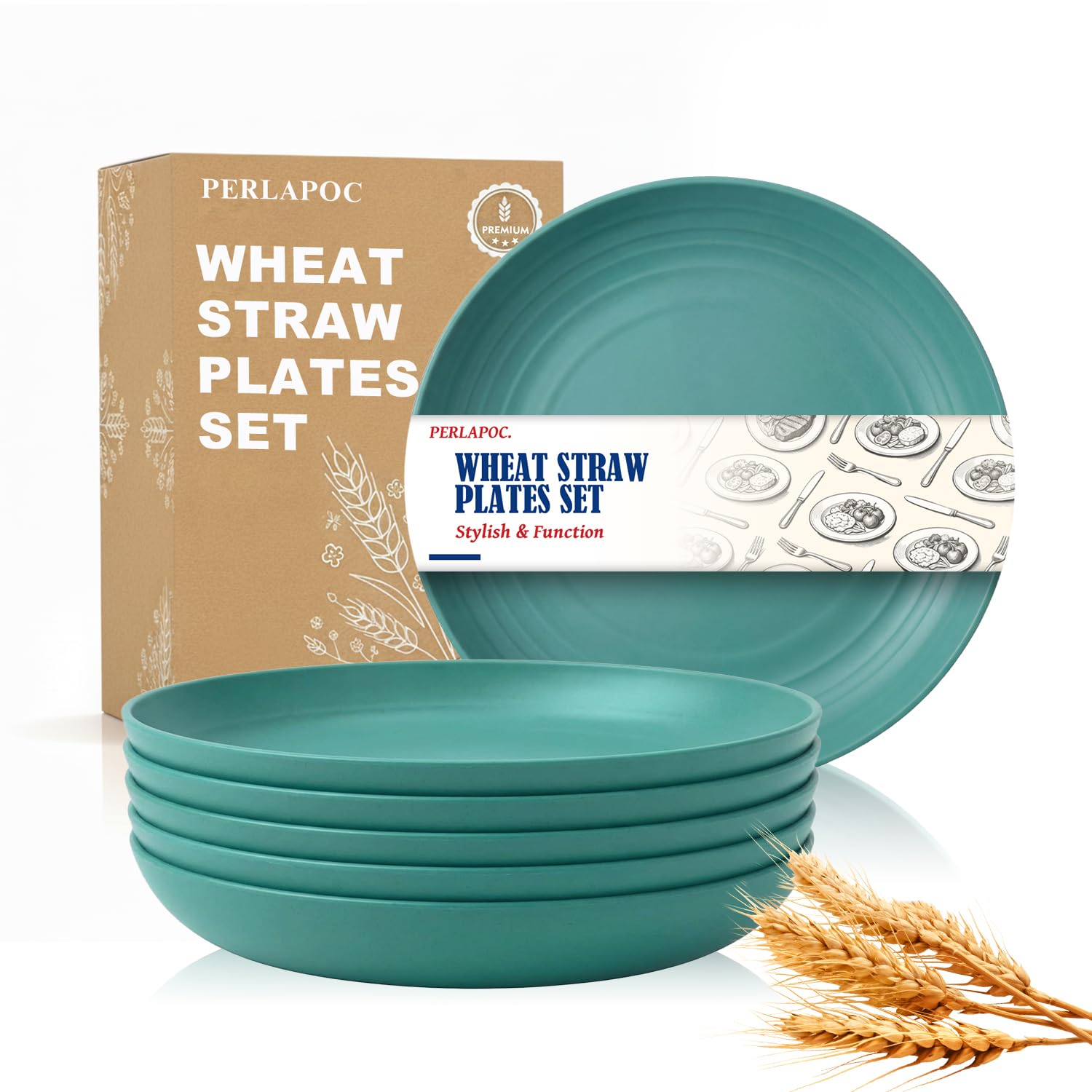 Wheat Straw Plates Set of 6, 8In Unbreakable Plastic Plates, Green