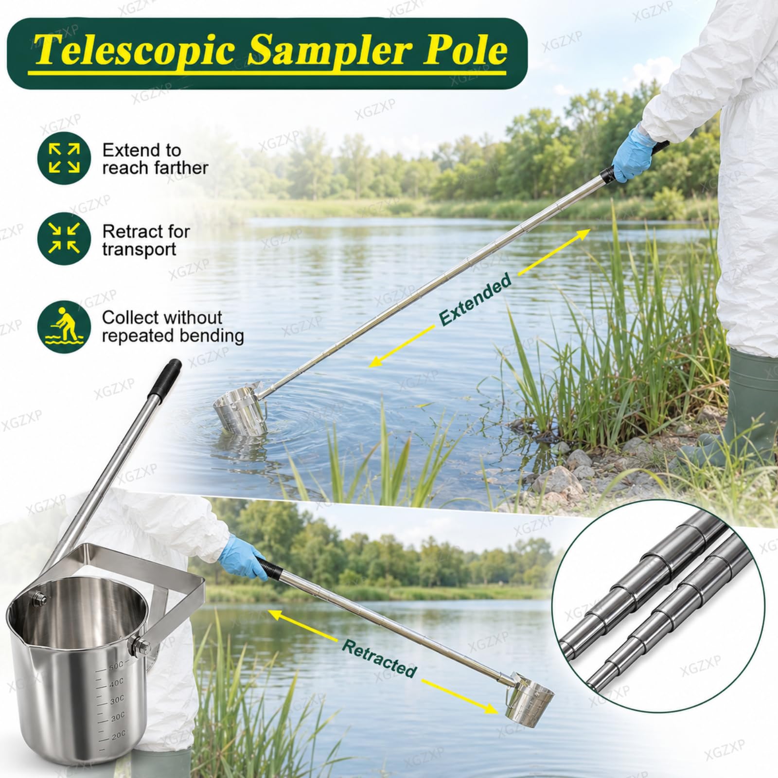 Cucharón Telescópico para Muestreo De Agua, Cucharón De Acero Inoxidable para Muestreador De Vasos De Precipitados con Péndulo, Vaso Graduado Desmontable para Muestreo 500ml-3m