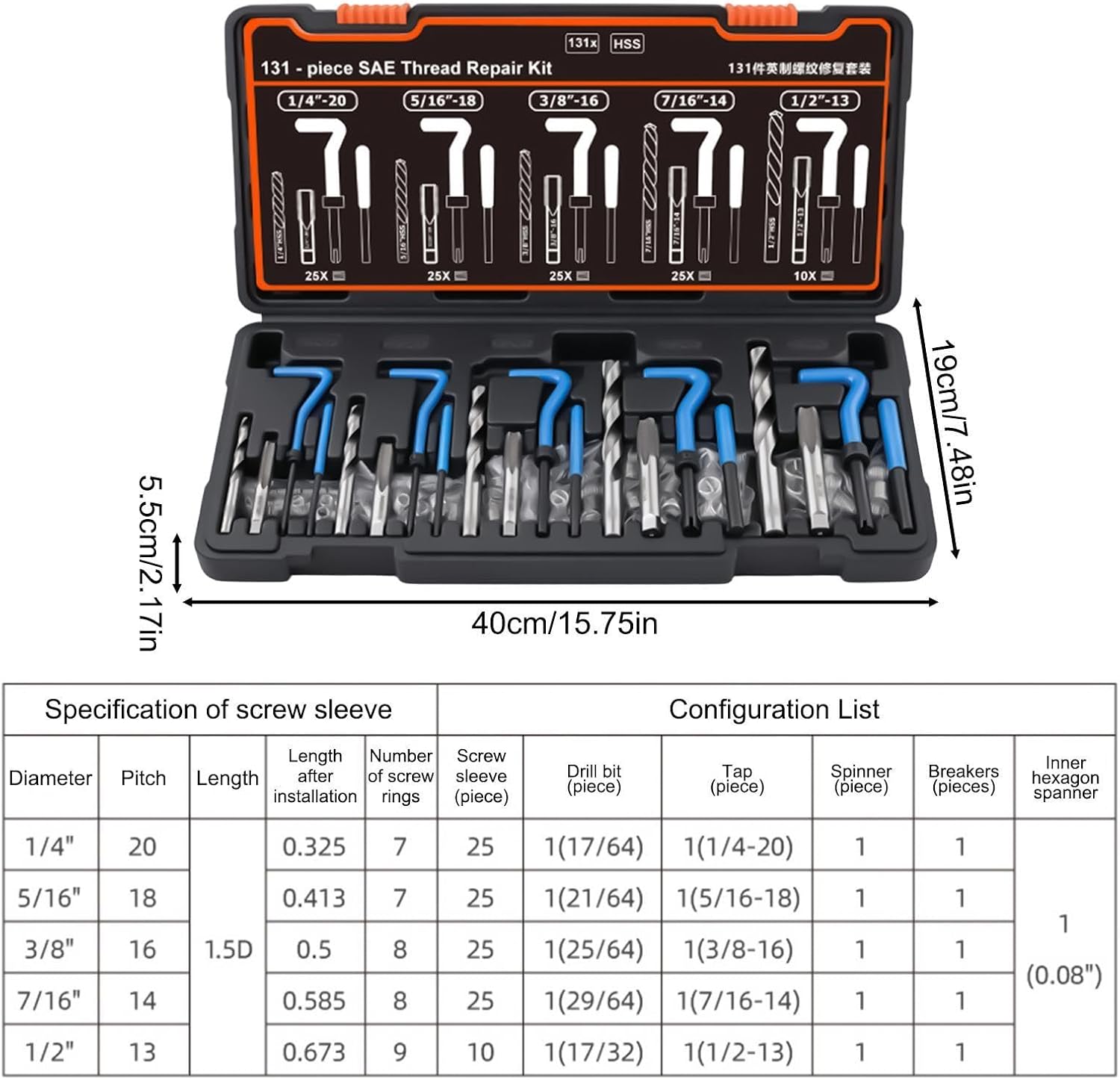 Thread Repair Kit, Stainless Steel Self-Tapping Tools, Screw Tap Set 131pcs