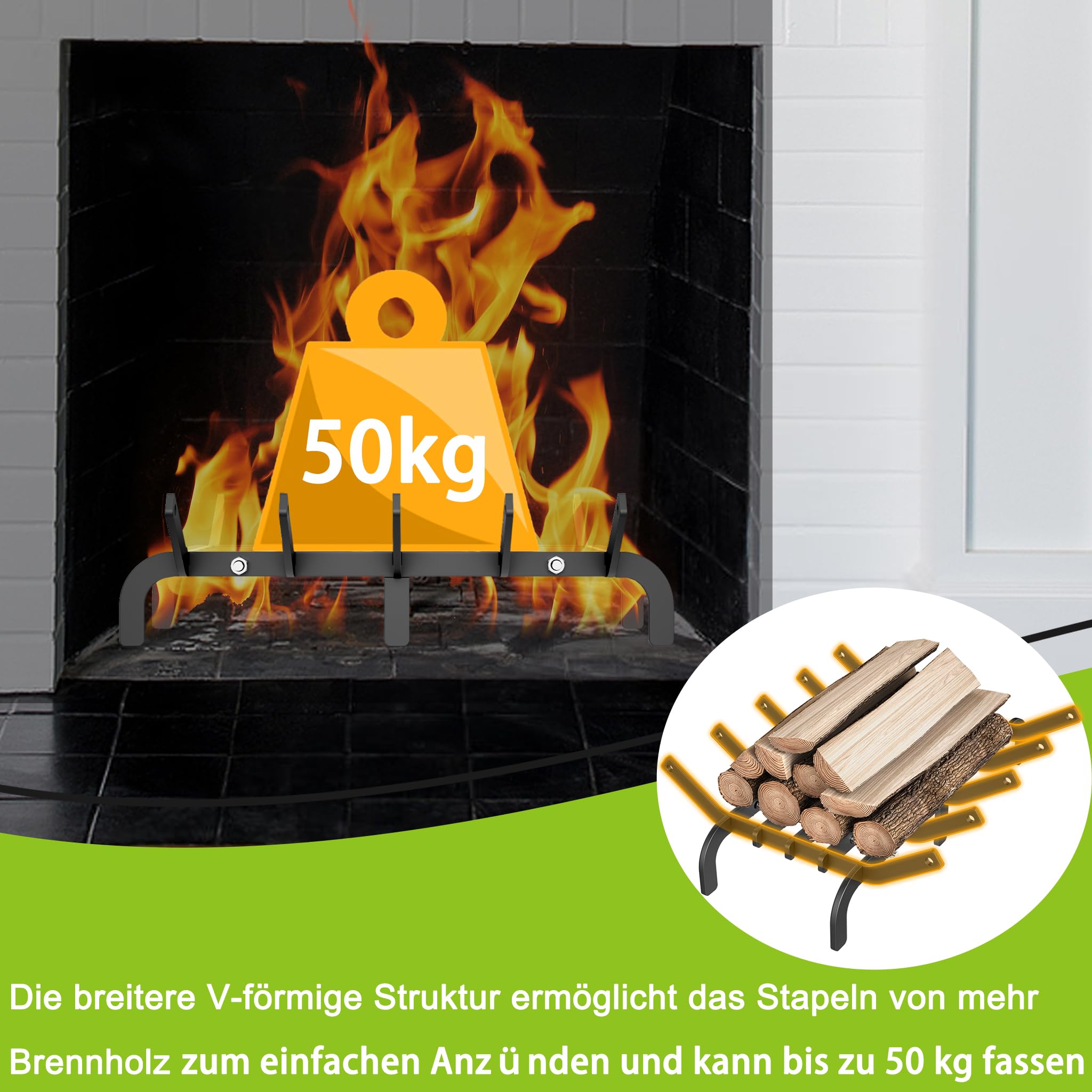XMTECH Quadratischer Kaminholzrost Metall Feuerstelle Kaminrost mit 6 Stützfüßen, Hohe hitzebeständiger schwarzer Feuerkorb für Feuerschalen und Feuerstellen