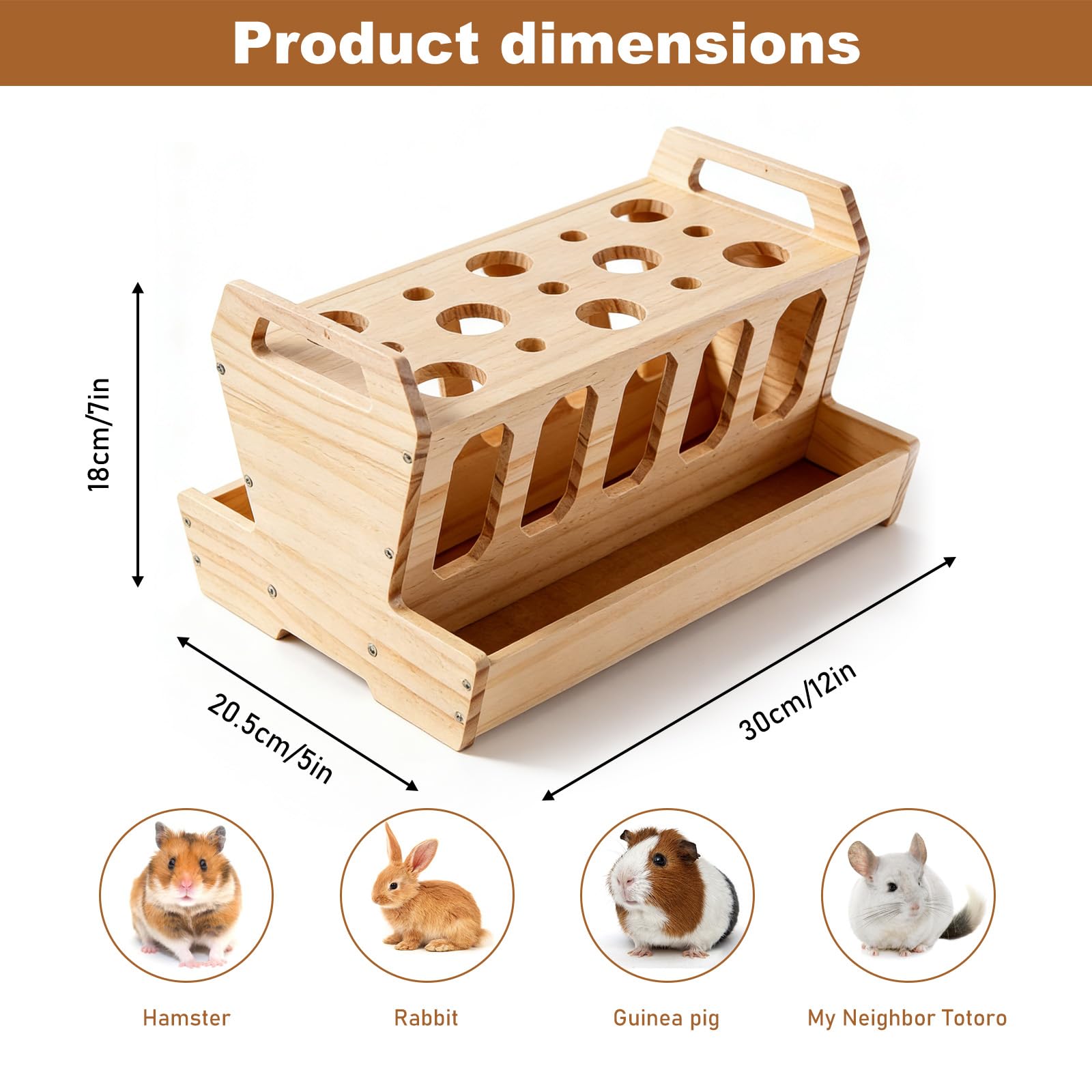 Comedero de madera para heno con soporte para zanahorias (30 x 20 x 18 cm) – Autorellenable para conejillos de indias, conejos, hámsteres, ratones, ratas
